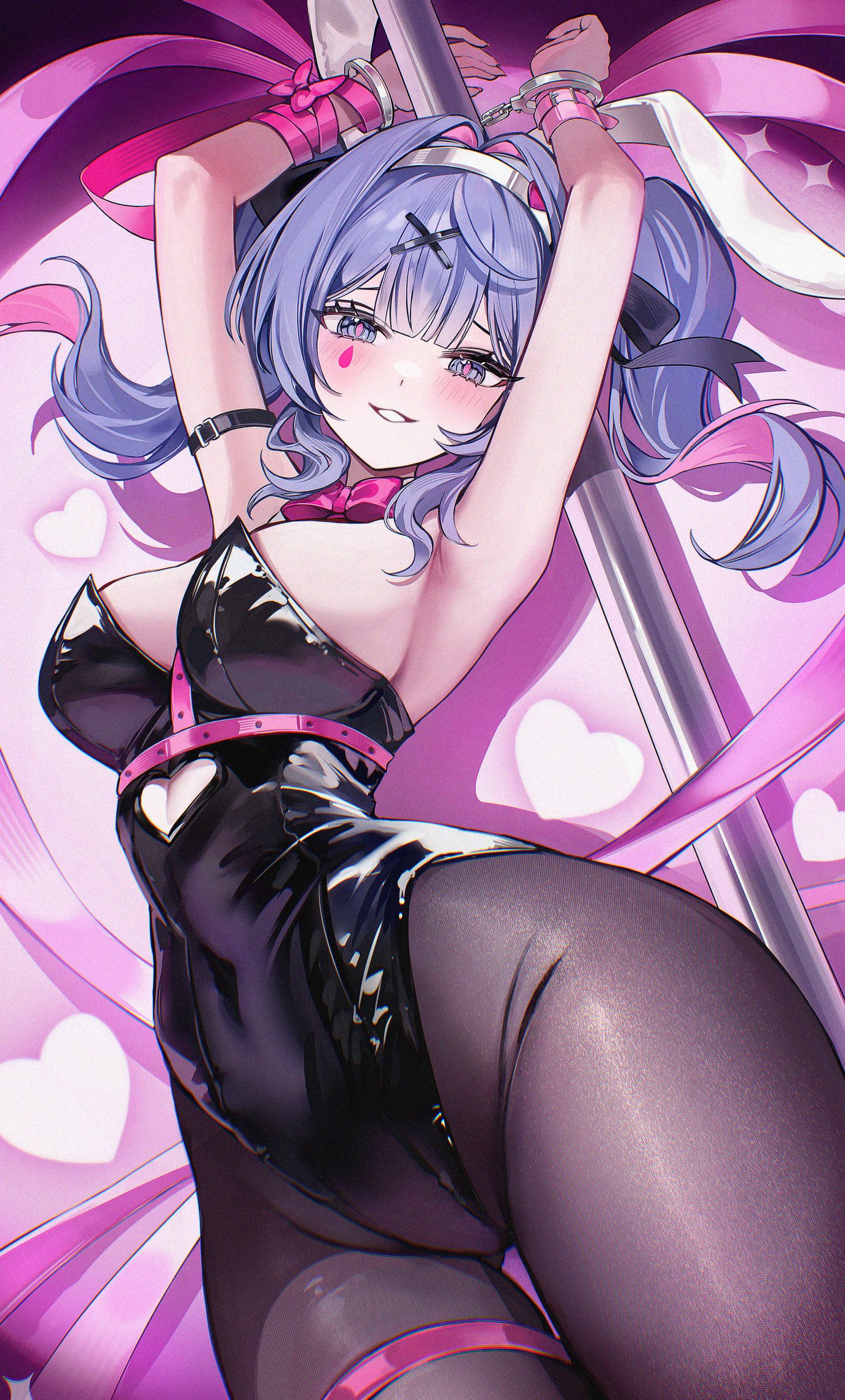 1girl, 1girls, animal ears, arm belt, armpits, arms up, bangs, belt, black belt, black leotard, black pantyhose, blue eyes, blue hair, blush, bound, bow, bowtie, breasts, chest belt, covered navel, cowboy shot, cuffs, facial mark, fake animal ears, female, female only, floating hair, grin, hair between eyes, hair ornament, hairband, handcuffs, hatsune miku, heart, heart print, highres, large breasts, leotard, long hair, looking at viewer, multicolored hair, pantyhose, pink belt, pink bow, pink bowtie, pink hair, pink pupils, pink ribbon, playboy bunny, pole, pole dancing, print background, purple eyes, purple hair, rabbit ears, rabbit hole (vocaloid), ribbon, shiny clothes, smile, solo, standing, strapless, strapless leotard, streaked hair, stripper pole, teardrop facial mark, thigh strap, thighs, twintails, virtual youtuber, vocaloid, white hairband, wrist ribbon, x hair ornament, zije