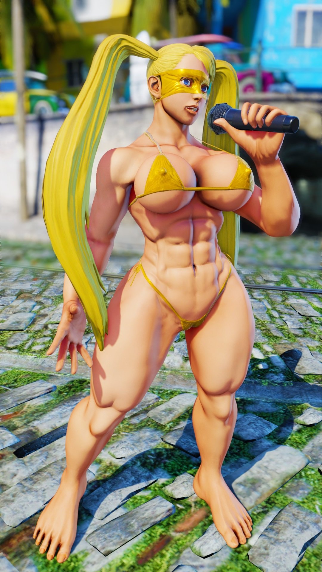 3d athletic athletic_female big_breasts bikini blonde_hair blue_eyes breasts busty erect_nipples female female_focus female_only golden_bikini golden_week hourglass_figure long_hair micro_bikini navel nipple_bulge rainbow_mika repinscourge street_fighter street_fighter_v tagme twintails wide_hips