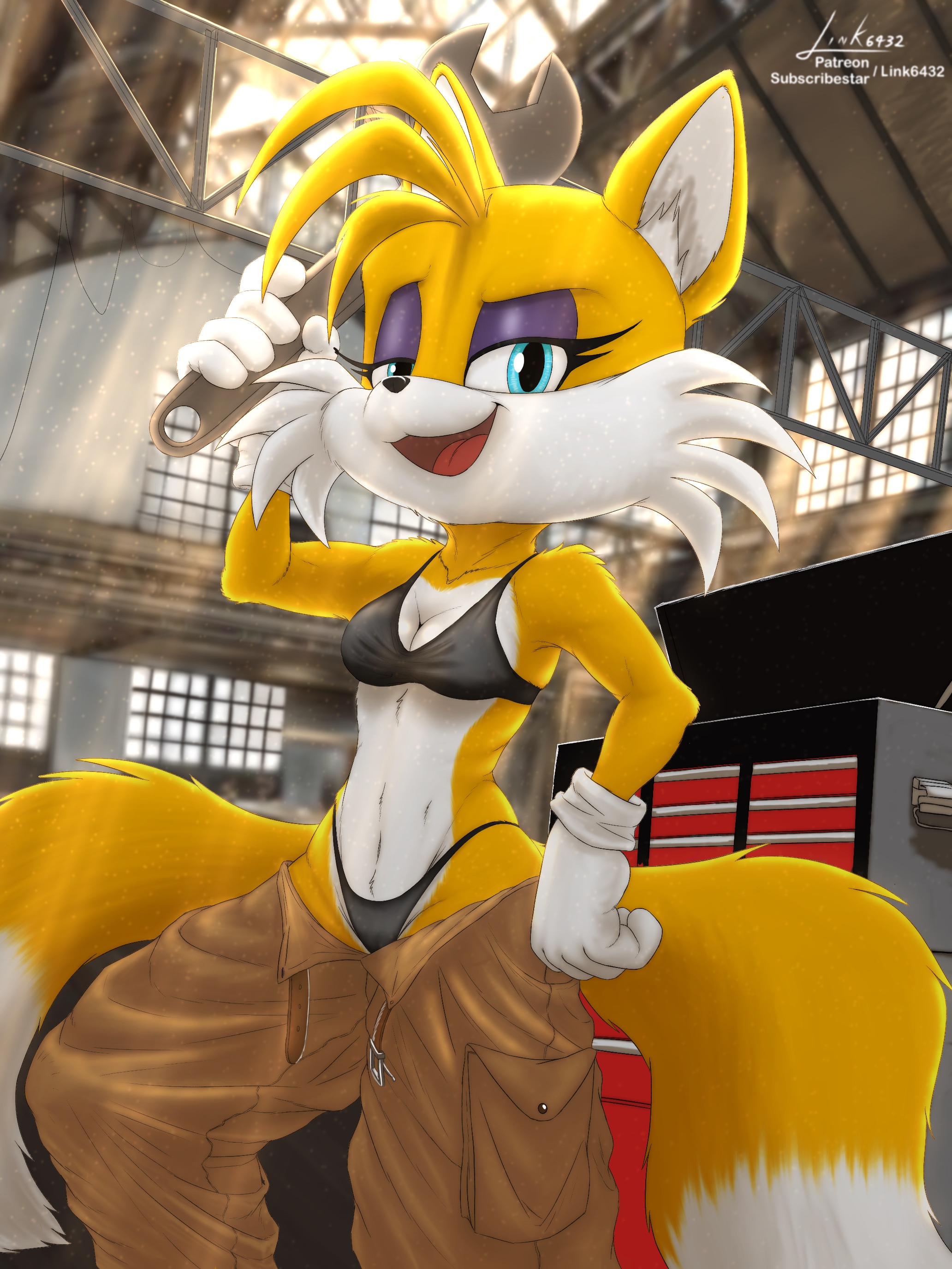 absurd res, anthro, bra, breasts, canid, canine, clothed, clothing, digital media (artwork), female, female only, fox, fur, handwear, hi res, link6432, looking at viewer, mammal, miles prower, miles tails prower, panties, rule 63, sega, smile, solo, sonic (series), sonic the hedgehog (series), tail, tails, tails the fox, tailsko, underwear, wrench wench