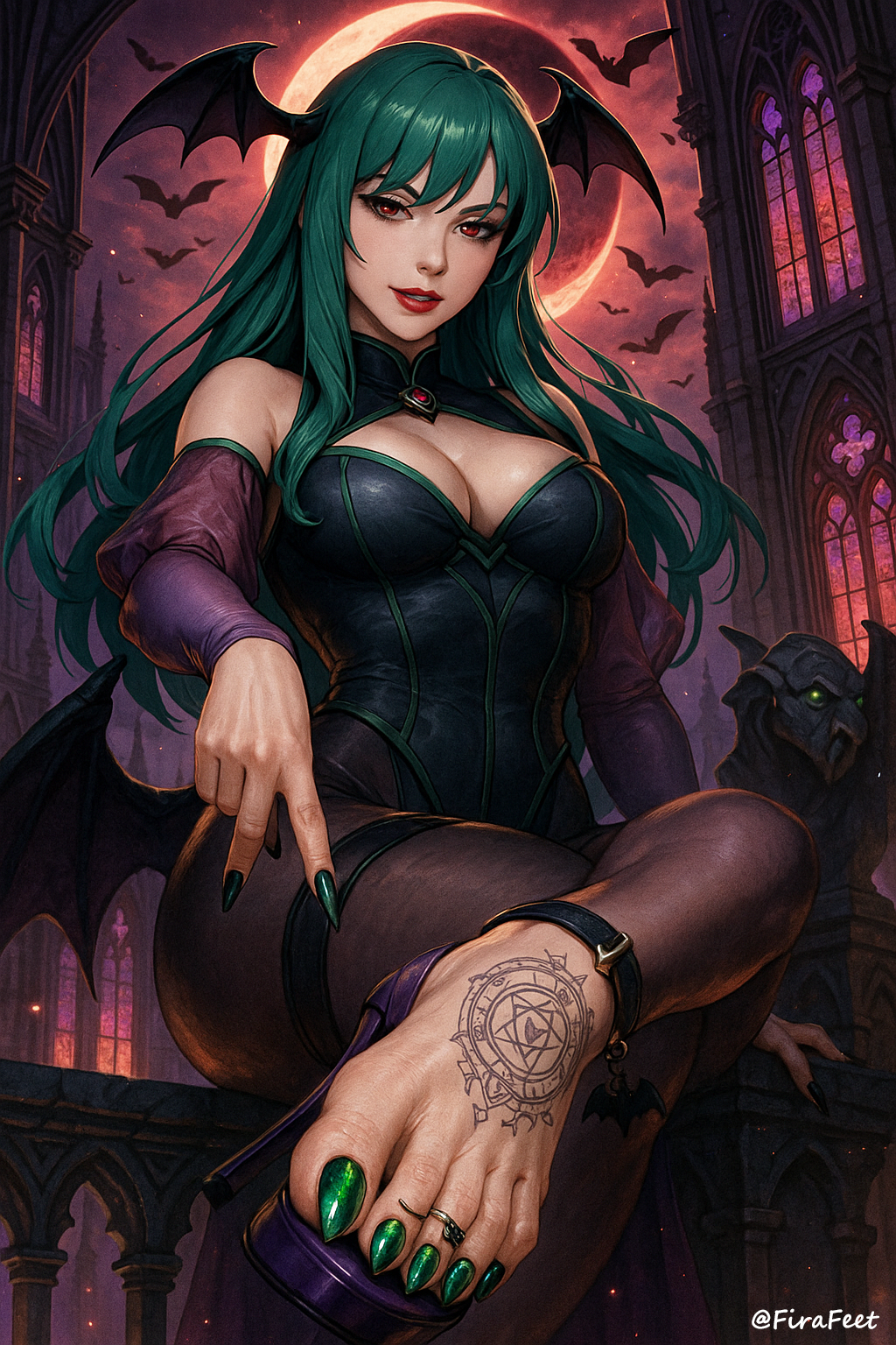 ai_assisted ai_generated bat_wings bats capcom claw_toenails corset dark_aesthetic darkstalkers dominant feet female firafeet foot_fetish foot_focus foot_tattoo goth green_toenails high_heels long_toenails morrigan_aensland pedicure pointing_at_viewer pov_feet red_moon revealing_outfit sole_focus succubus toe_claws toe_ring toenail_polish toes