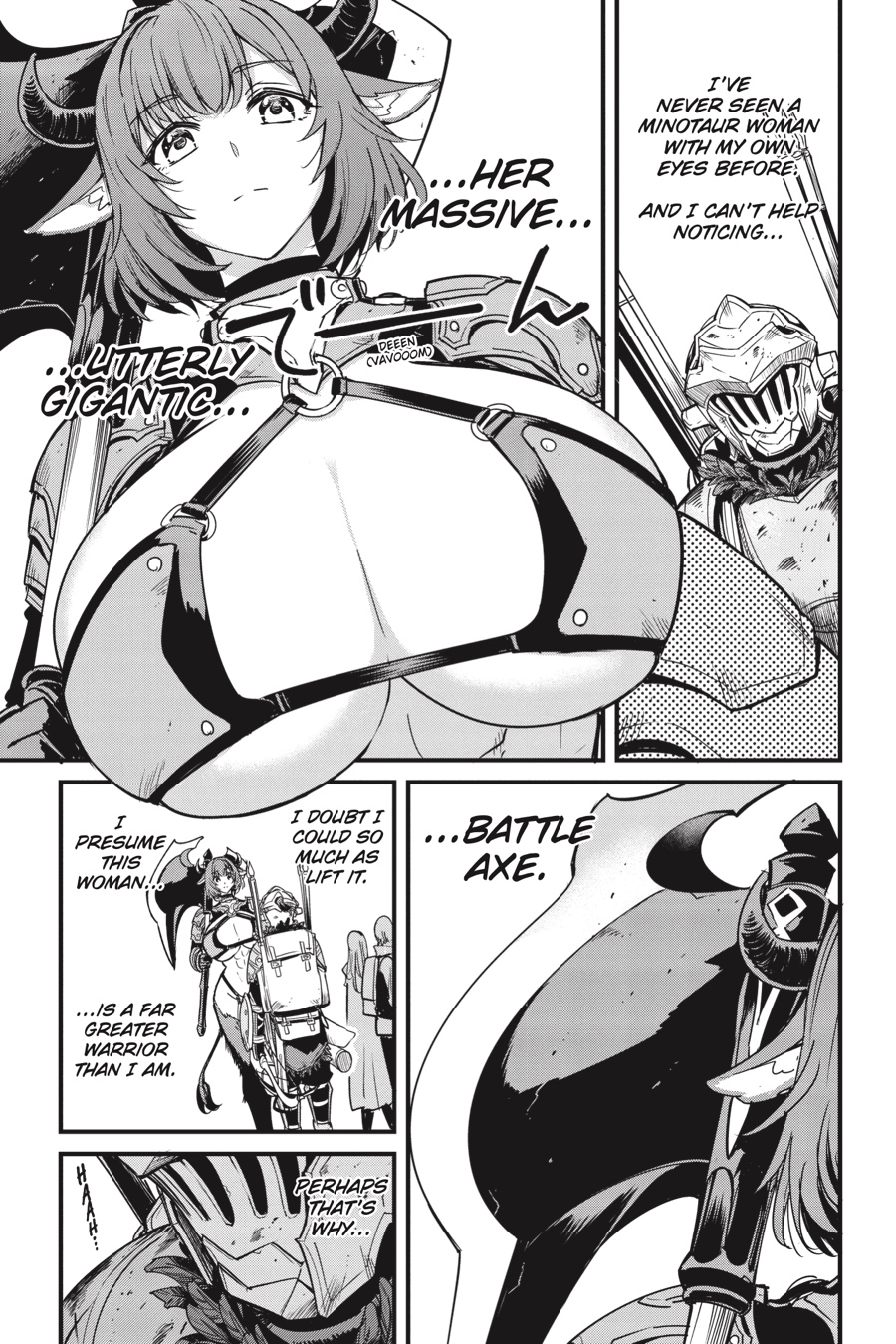 1boy 1girls animal_ears battle_axe bikini_armor body_fur breasts choker cleavage cow_ears cow_horns cow_tail english_text expressionless female funny fur fur_on_legs goblin_slayer goblin_slayer:_year_one goblin_slayer_(goblin_slayer) hard_translated height_difference horns huge_breasts huge_weapon male manga manga_page micro_bikini minotaur minotaur_female monochrome o-ring o-ring_bikini outside_panel right_to_left solo_focus tail taller_girl translated underboob