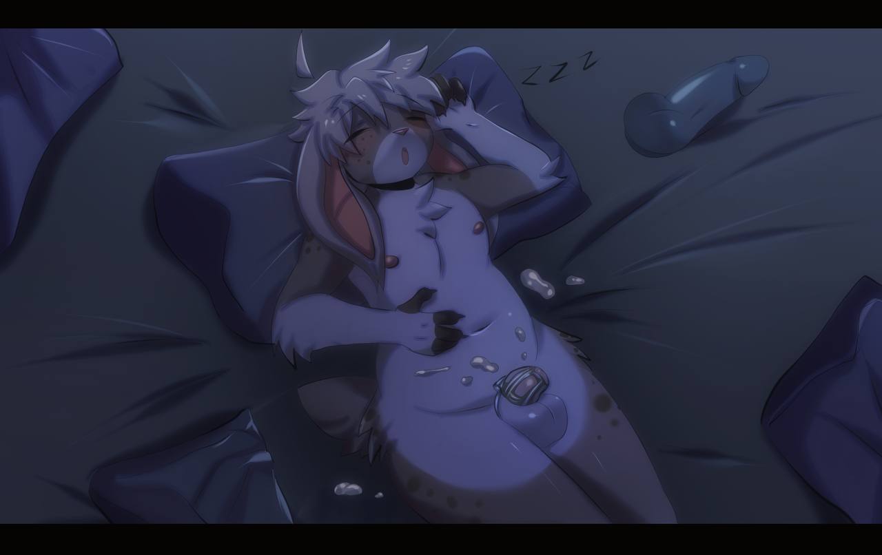 after_orgasm anthro bed blush bodily_fluids cage caged cum dildo foxpudding furniture genital_fluids lagomorph leporid lying male mammal rabbit sex_toy sleeping slightly_chubby solo
