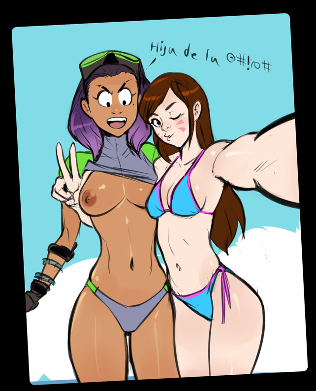 2girls, alternate costume, areolae, asian, bikini, blizzard entertainment, breasts, d.va, dark skin, dark-skinned female, female, female only, izra, latina, nipples, overwatch, shirt lift, sombra, spanish text, text, tulum sombra
