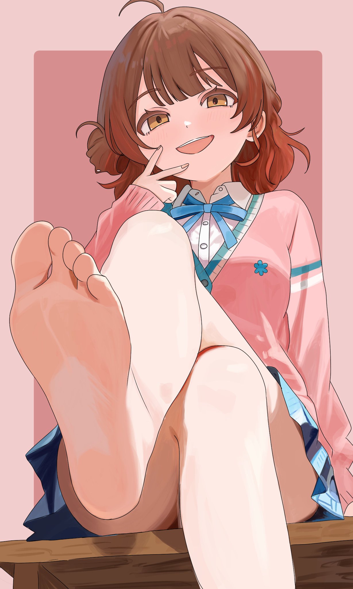 1girls, ahoge, amashi 2278, bare legs, barefoot, blue ribbon, blue skirt, blush, brown hair, cardigan, crossed legs, feet, female, fingernails, foot focus, foot out of frame, foreshortening, gakuen idolmaster, gradient hair, hanami ume, hatsuboshi gakuen school uniform, highres, idolmaster, long sleeves, looking at viewer, multicolored hair, neck ribbon, orange hair, pink cardigan, presenting foot, ribbon, school uniform, shirt, sitting, skirt, smile, soles, solo, teeth, toes, upper teeth, v, white shirt