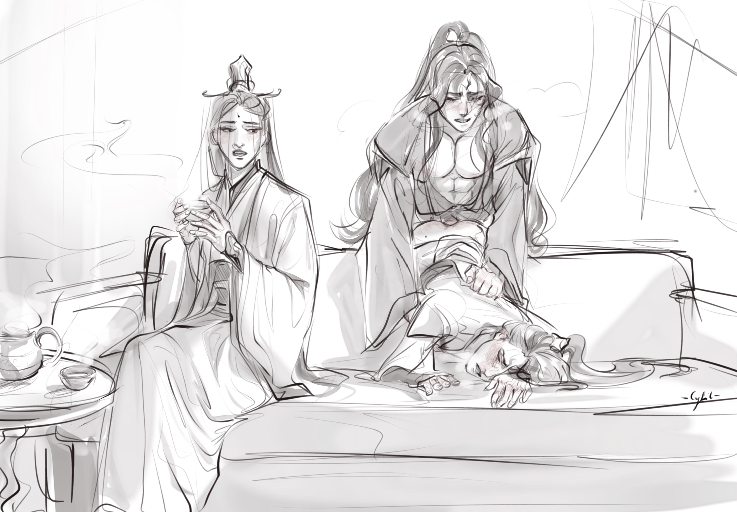 2boys, 3boys, anal, anal sex, ass, ass up, ass up face down, calm, casual, cyfil17, doesn't care, free use, in front of another, in front of boyfriend, liu qingge, long hair, luo binghe, male, on sofa, polyamory, sex, shen qingqiu, sitting, svsss, the scum villain's self-saving system, watching, yaoi