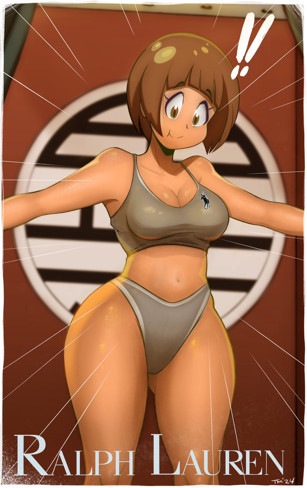 !!, 1girls, big breasts, bowl cut, bra, branded clothes, branded clothing, breasts, brown eyes, brown hair, cleavage, cute, female, happy, happy female, highres, kill la kill, mankanshoku mako, medium breasts, modeling, navel, panties, short hair, smile, solo, solo female, sports bra, standing, stomach, thick thighs, todd l. milhouse, underwear, wide hips