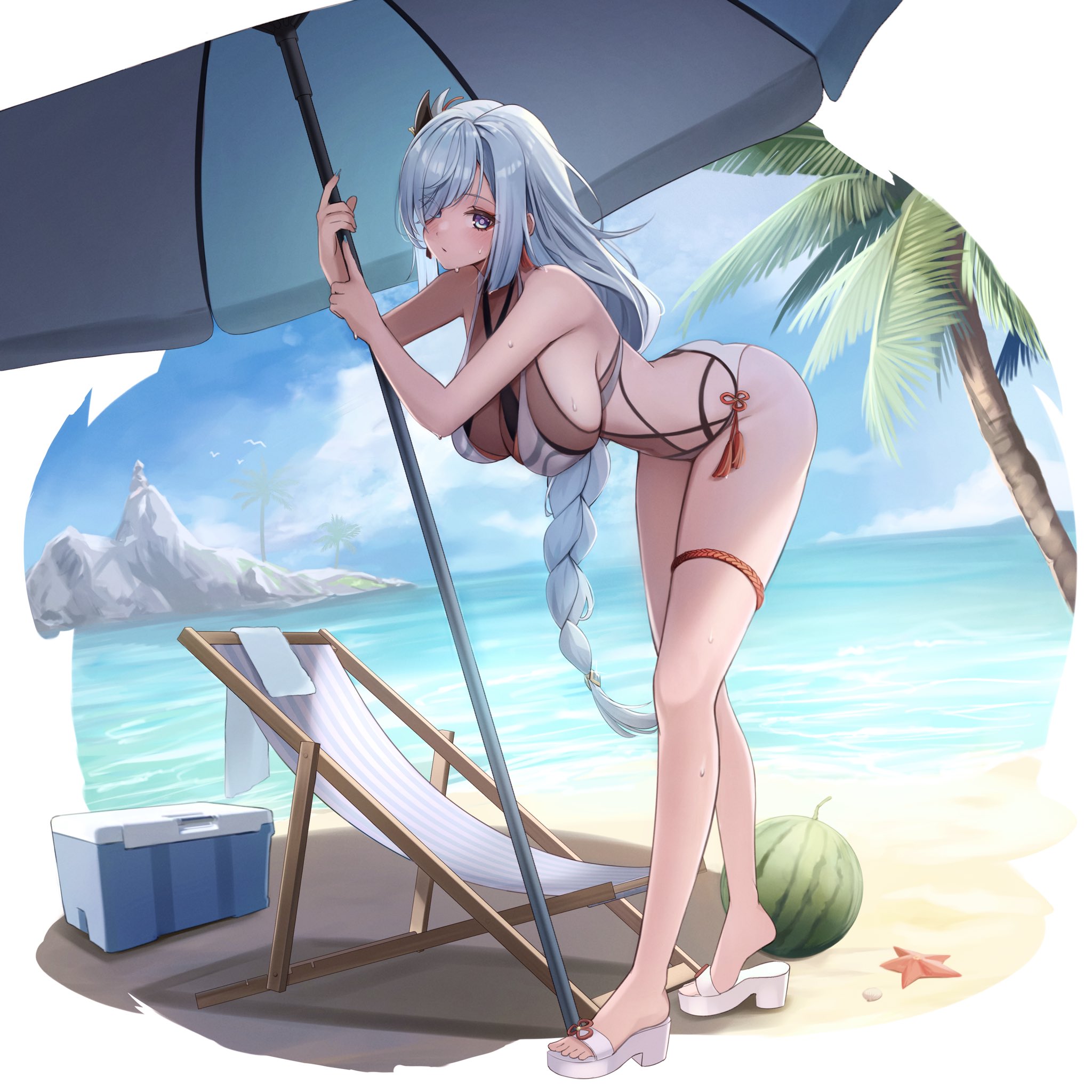 1girls, 2d, 2d (artwork), alternate costume, beach, big breasts, bikini, bikini bottom, bikini top, braided hair, breasts, clouds, day, female, female focus, female only, full body, genshin impact, hair over one eye, high resolution, highres, huge breasts, light skin, light-skinned female, long hair, long legs, looking at viewer, mature, mature female, ocean, outdoors, palm tree, sand, sandals, shenhe (genshin impact), silver hair, slim female, solo, solo female, solo focus, standing, summer, swimsuit, thong, thong bikini, two piece swimsuit, umbrella, water, watermelon, ytrk