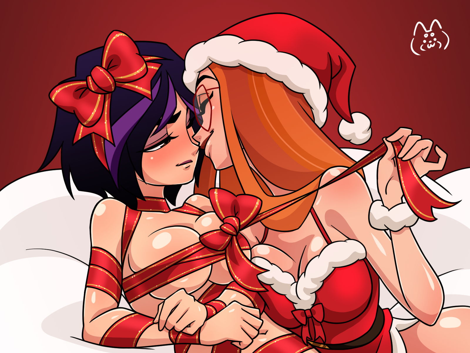 2girls, bare arms, bare legs, bare shoulders, bare thighs, big breasts, big hero 6, black hair, blush, breasts, christmas, christmas hat, christmas outfit, color, disney, female, female focus, female only, glasses, gogo tomago, hi res, honey lemon, large breasts, light skin, light-skinned female, long hair, marvel, marvel comics, naked ribbon, orange hair, santa hat, saroshiba, short hair, tagme, wholesome, yuri