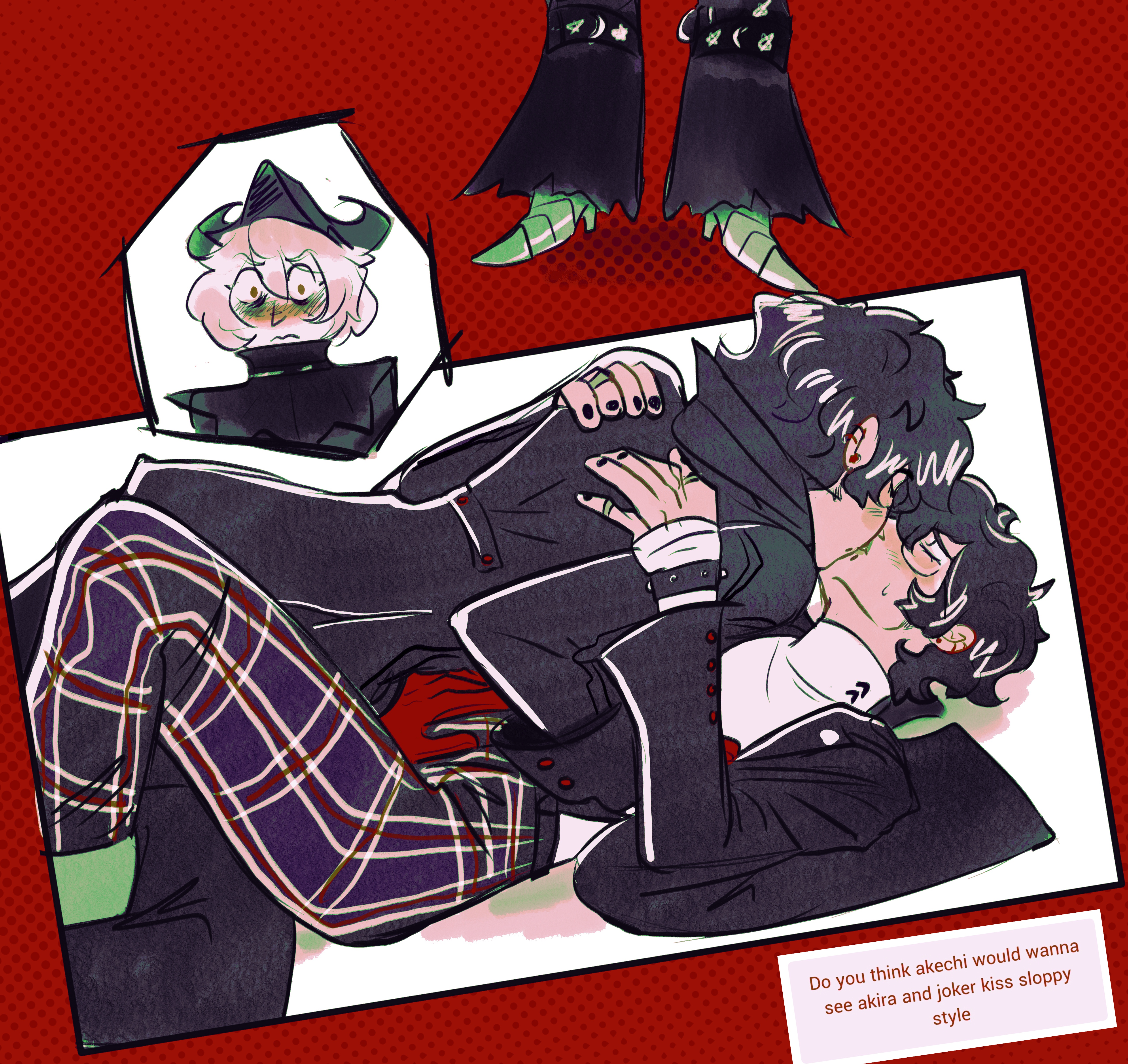 akira kurusu, fully clothed, gay, gay kissing, goro akechi, grabbing clothing, hand on crotch, joker (persona), kissing, liveleaksakc, making out, male, male only, male with painted nails, on floor, persona 5, persona 5 royal, ren amamiya, selfcest, voyeur, yaoi
