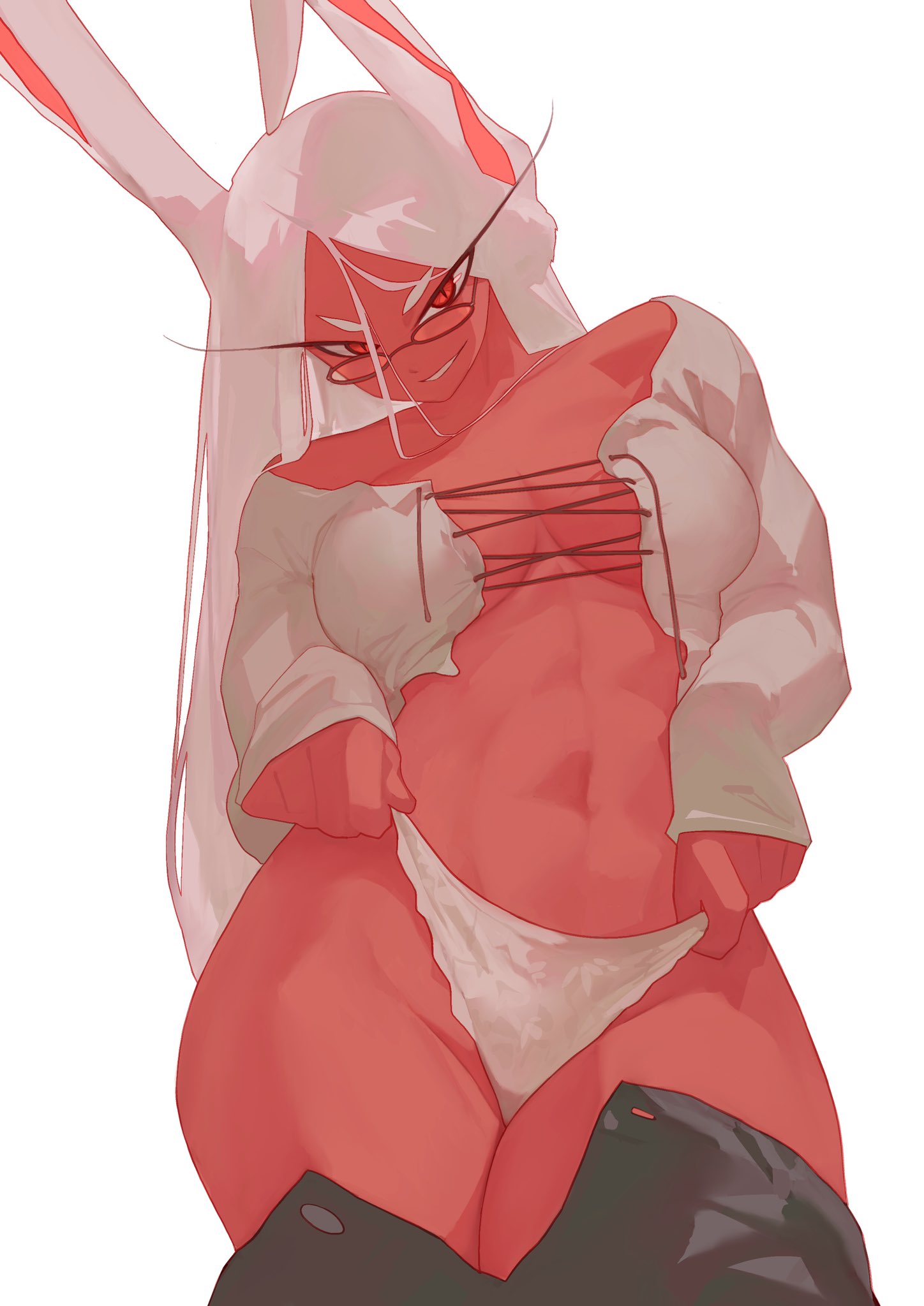 1girls, abs, bare legs, bare shoulders, bare thighs, big breasts, breasts, bunny ears, clothed, clothing, color, dark skin, dark-skinned female, female, female focus, female only, fit female, hi res, large breasts, long hair, looking at viewer, miruko, muscles, muscular, muscular female, my hero academia, no bra, panties, rebigaki art, red eyes, rumi usagiyama, solo, solo female, tagme, thick thighs, white hair, yknivel