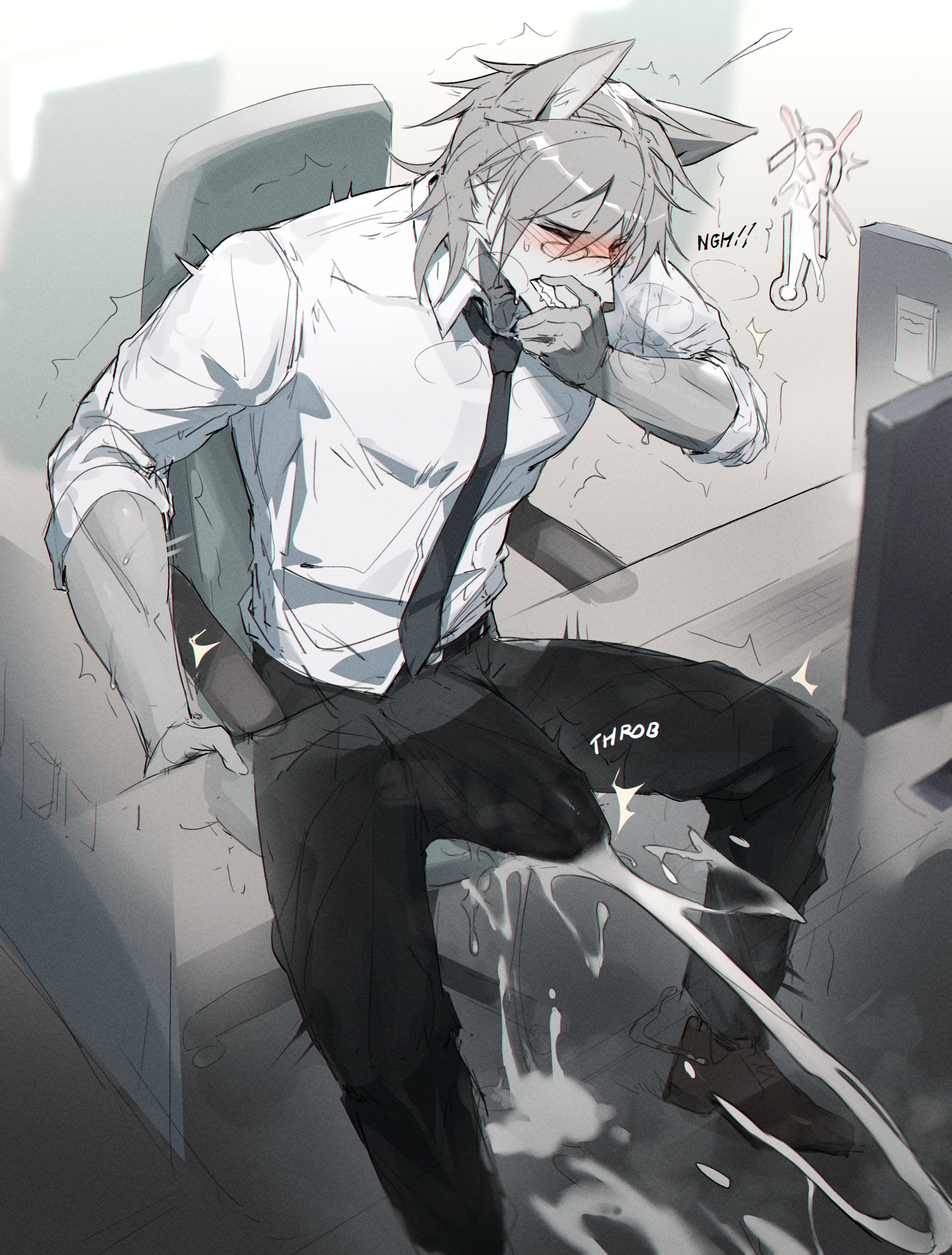 1boy, accidental erection, accidental masturbation, anthro, black pants, black tie, black tie (suit), blush, business attire, business suit, businesswear, chair, closed eyes, clothed, clothing, cum, cum drip, cum meter, cum on floor, cum string, cumshot, ejaculating, ejaculating cum, ejaculation, ejaculation under clothes, erection, fully clothed, gay, hands-free, handsfree ejaculation, male, male only, masculine male, masturbation, masturbation through clothing, muscular, muscular anthro, muscular arms, muscular male, notglacier, orgasm, pent up, pointlessnut, sitting, sitting on chair, solo, sweat, tagme, teeth, teeth showing, tie, under the table, white shirt, wolf, wolf ears, wolf humanoid, work, work uniform, working