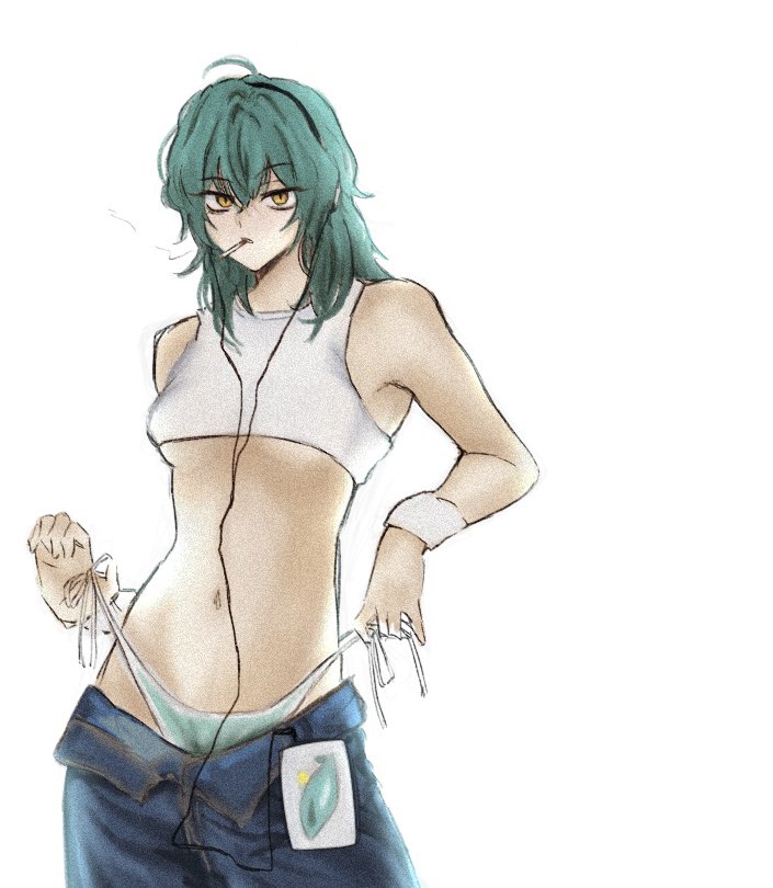 9kiuro, akao rion, blue hair, blue panties, female, headphones, jeans, sakamoto days, sexy, smoking, solo, solo female, solo focus, sport, sports bra, string panties, topwear, white topwear, yellow eyes