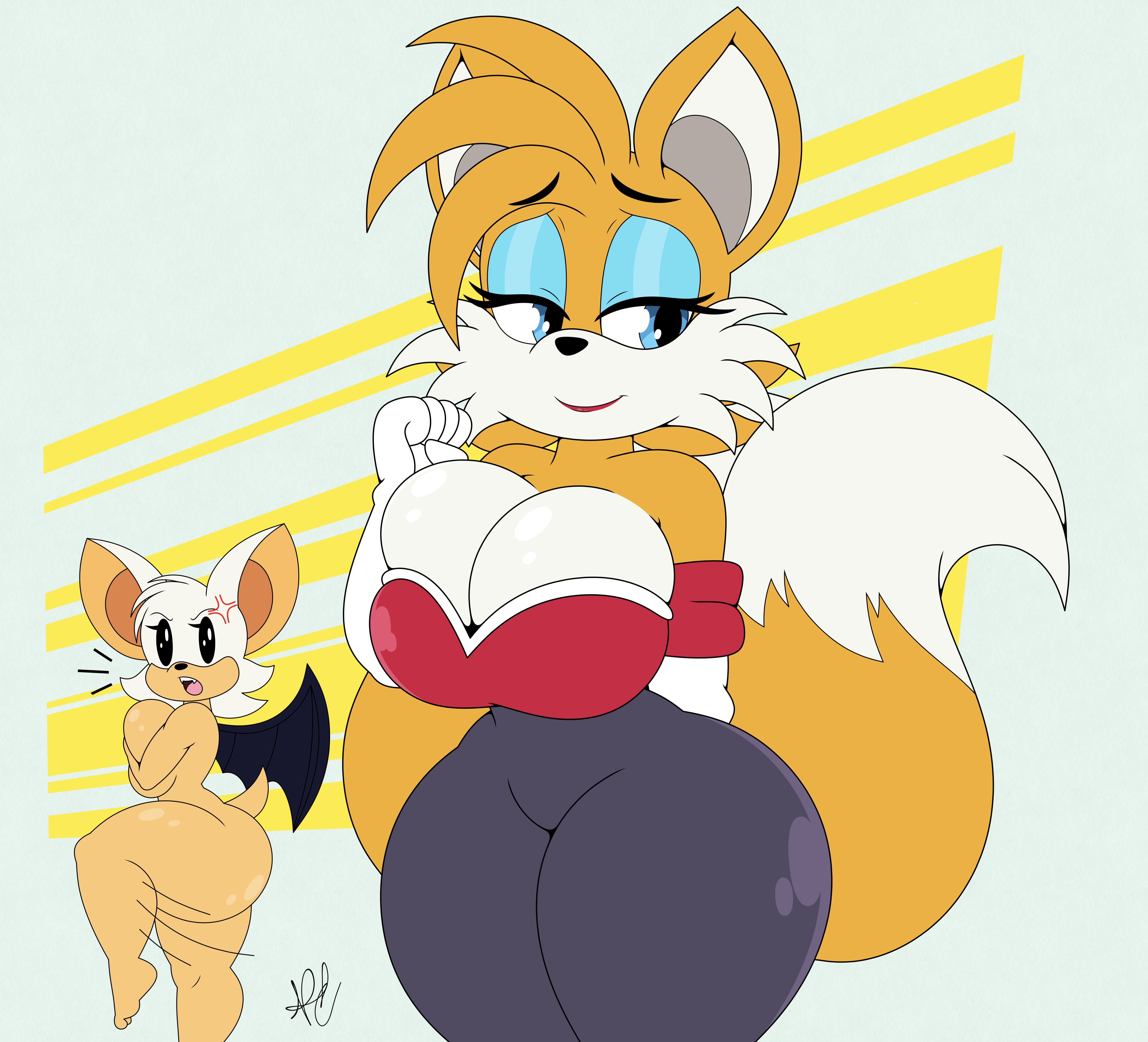 2 tails, 2021, 2girls, absurd res, alternate costume, angry, anthro, ass, bat, bat ears, bat girl, bat wings, bedroom eyes, big breasts, blue eyes, blue eyeshadow, breast squish, breasts, canid, canine, cleavage, clothed, clothing, clothing swap, covering, covering breasts, covering self, curvy figure, digital media (artwork), duo, embarrassed, eyelashes, eyeshadow, female, female only, flat colors, fox, fox ears, fox girl, fox tail, fur, genderswap, genderswap (mtf), gloves, half-closed eyes, handwear, hi res, huge thighs, lipstick, makeup, male, male to female, mammal, membrane (anatomy), membranous wings, miles prower, miles tails prower, mtf crossgender, multi tail, multicolored body, multicolored fur, narrowed eyes, nr ac, nude, open mouth, presenting, rouge the bat, rouge the bat (cosplay), rule 63, seductive, sega, signature, simple background, small waist, smile, solo focus, sonic (series), sonic the hedgehog (series), squish, tail, tails, tails the fox, tailsko, thick thighs, tight clothing, topwear, two-tone body, two-tone fur, wide hips, wings
