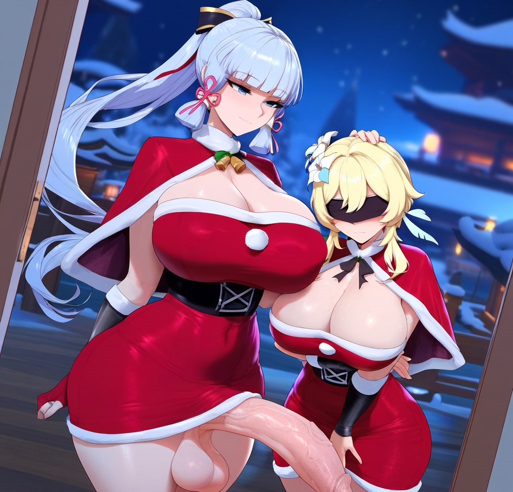 1futa 2girls ai_generated assertive_female bangs blindfold blonde_hair blue_eyes blunt_bangs blush breasts capelet cleavage dress erection fur_trim futa_on_female futa_with_female futanari genshin_impact gloves hair_ornament hair_ribbon hand_on_another's_head huge_breasts imminent_oral kamisato_ayaka large_penis long_hair lumine_(genshin_impact) penis ponytail racerai ribbon santa_costume short_dress smile testicles utanari veiny_penis very_long_hair yuri
