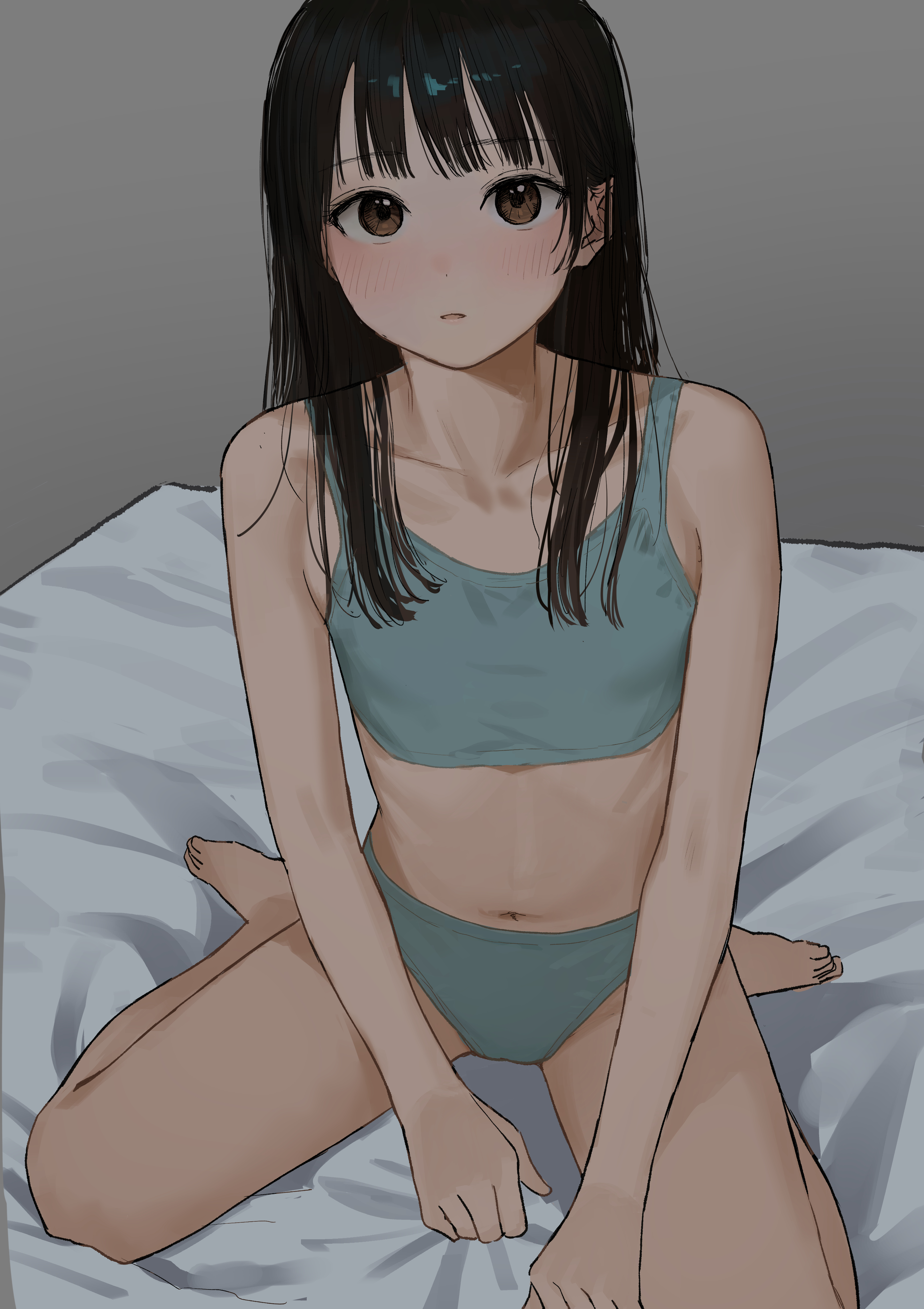 1girls, absurdres, akipeko, aqua bra, aqua panties, bare arms, bare shoulders, barefoot, bed sheet, black hair, blush, bra, brown eyes, collarbone, commentary request, expressionless, female, flat chest, grey background, highres, long hair, looking at viewer, navel, on bed, original, paid reward available, panties, parted lips, simple background, sitting, solo, tareme, underwear, underwear only, wariza
