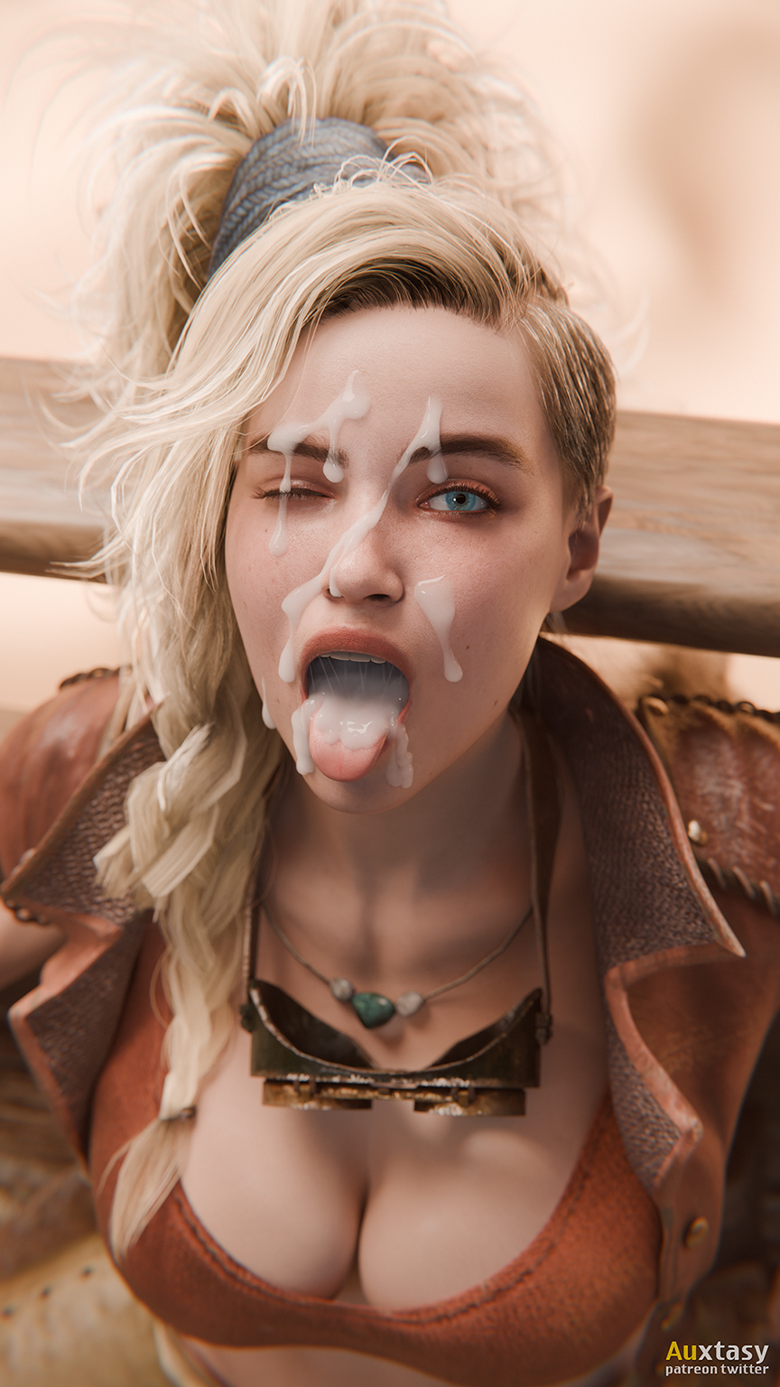 1girls 3d auxtasy blender_cycles blonde_hair blue_eyes breasts capcom cleavage cum cum_in_mouth cum_on_face desert eye_contact facial female female_focus female_only gemma_(monster_hunter_wilds) kneeling long_hair looking_at_viewer monster_hunter monster_hunter_wilds open_mouth oral presenting presenting_mouth submissive_female tongue tongue_out