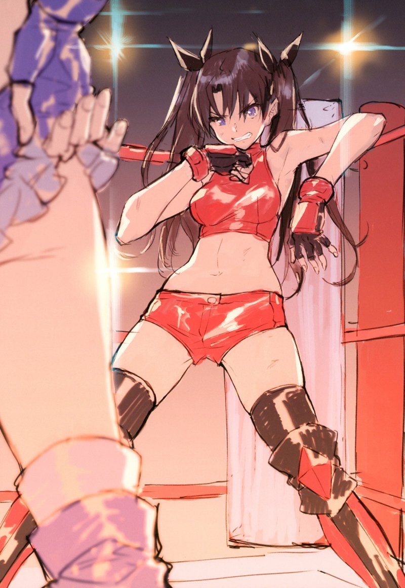 2girls, archived source, boots, catfight, clenched teeth, fate (series), fate/hollow ataraxia, fate/stay night, female, fingerless gloves, gloves, hair ribbon, luviagelita edelfelt, multiple females, multiple girls, official alternate costume, ribbon, saitou masatsugu, short shorts, shorts, solo focus, teeth, thighhighs, tohsaka rin, wrestling boots, wrestling outfit, wrestling ring