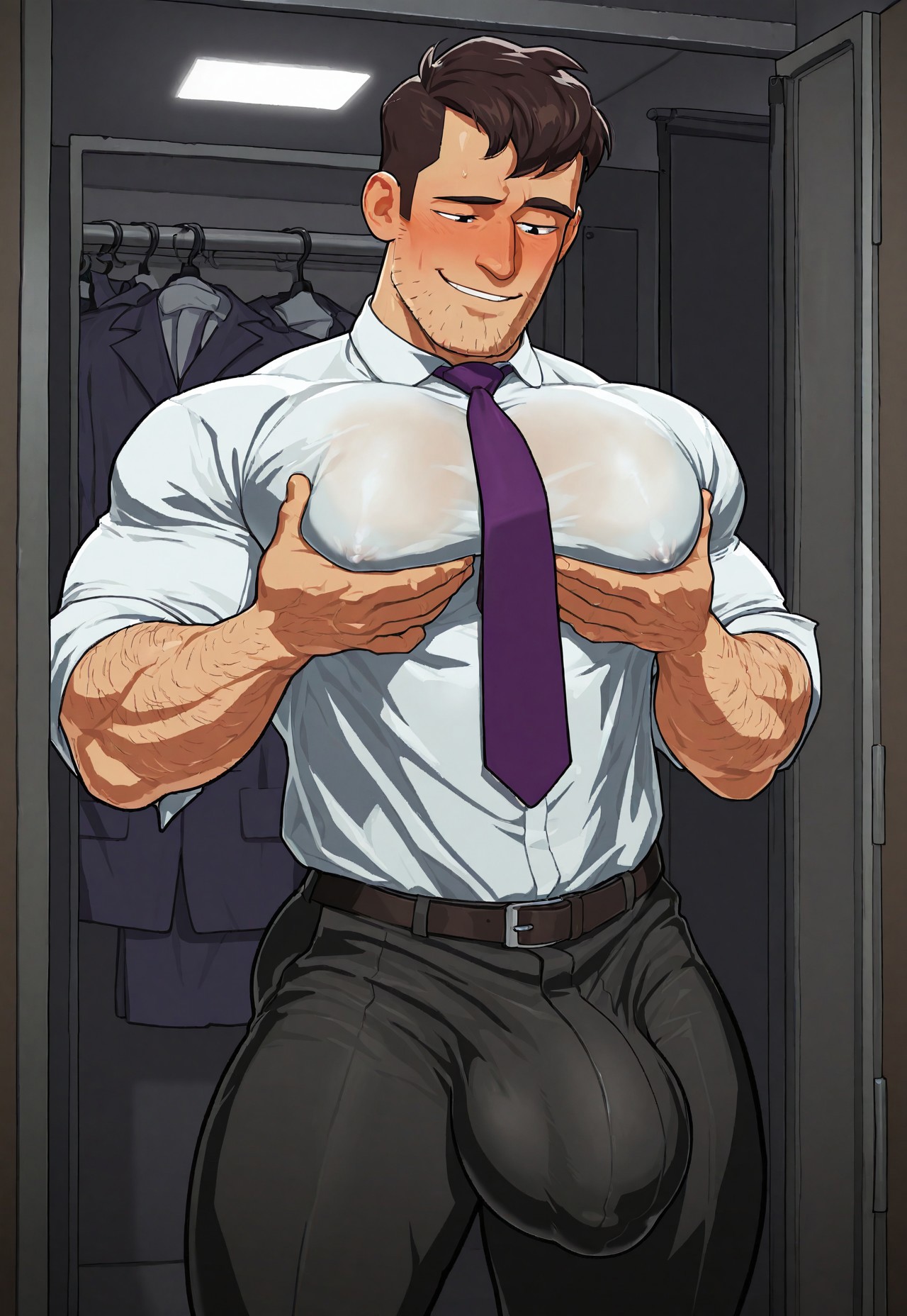 ai generated, beard, beard stubble, big biceps, big bulge, big pecs, black eyes, broad shoulders, brown hair, bulge, bulge through clothing, cupping, dark brown hair, defined muscles, facial hair, ginger himboo, grabbing own pecs, hairy, hairy arms, hairy male, inside job, male, male only, muscles, muscles through clothes, muscular, muscular arms, muscular ass, muscular biceps, muscular legs, muscular male, muscular pecs, muscular shoulders, muscular thighs, pecs, pectorals, ron staedtler, sleeves rolled up, squeezing pecs, stubble, tight clothing, touching pecs, wide shoulders