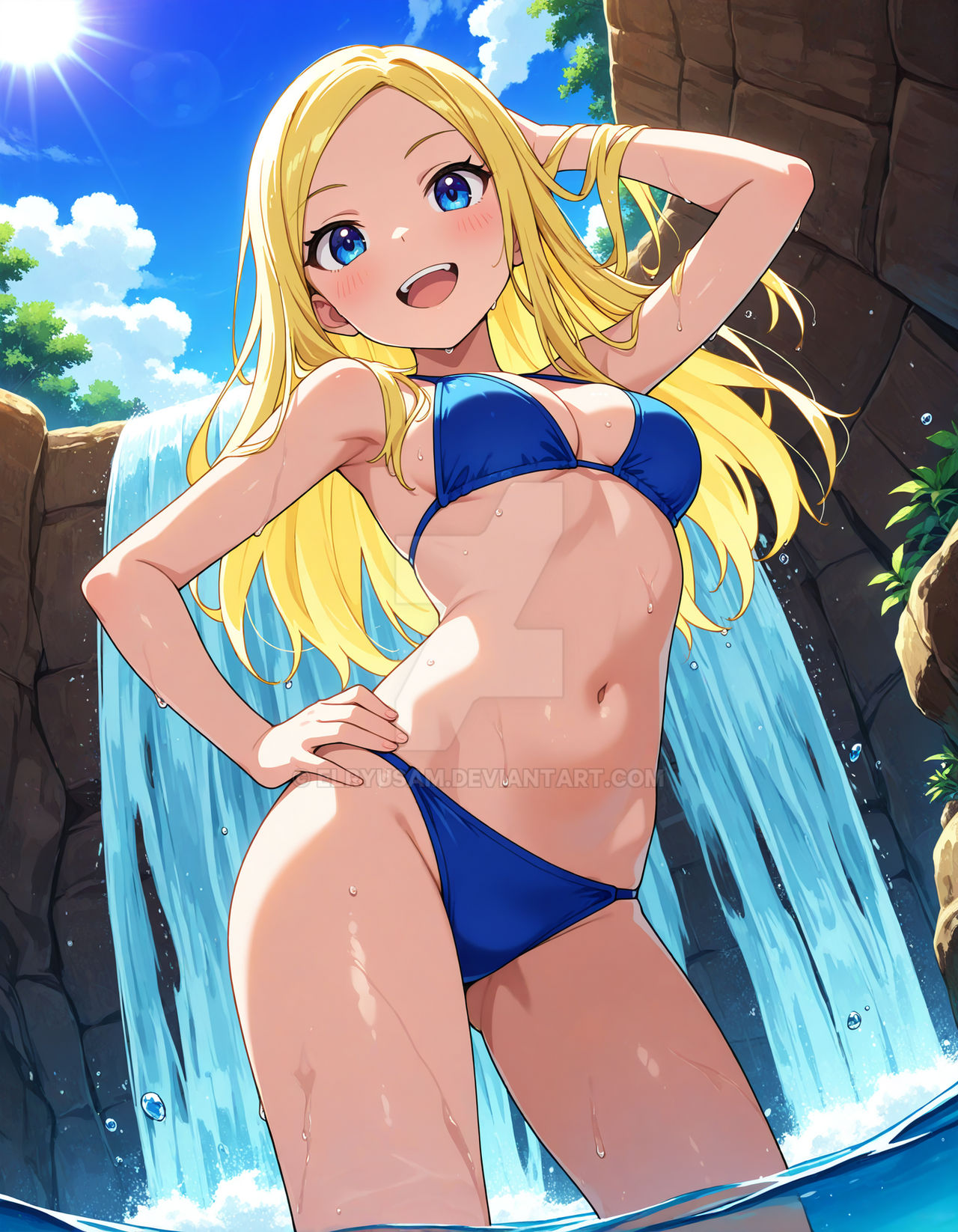 2025, ai generated, belly, blonde eyebrows, blonde female, blonde girl, blonde-haired female, blue bikini, blue eyes, cartoon network, dc, dc comics, dcau, deviantart, elryusam, female, forest, hand on hair, hand on head, hand on hip, meta, not porn, orange cheeks, teen titans, terra, tummy, waterfall, wet bikini, wet body, wet skin