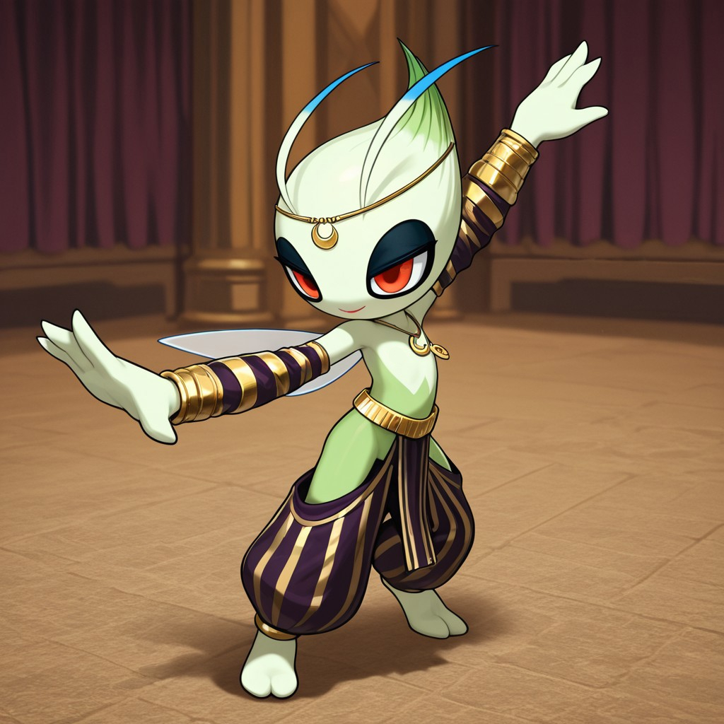 ai_generated bedroom_eyes celebi dancer dancing feral generation_2_pokemon harem_outfit palace pokemon red_eyes seductive_look sex_slave slave smile submissive_female