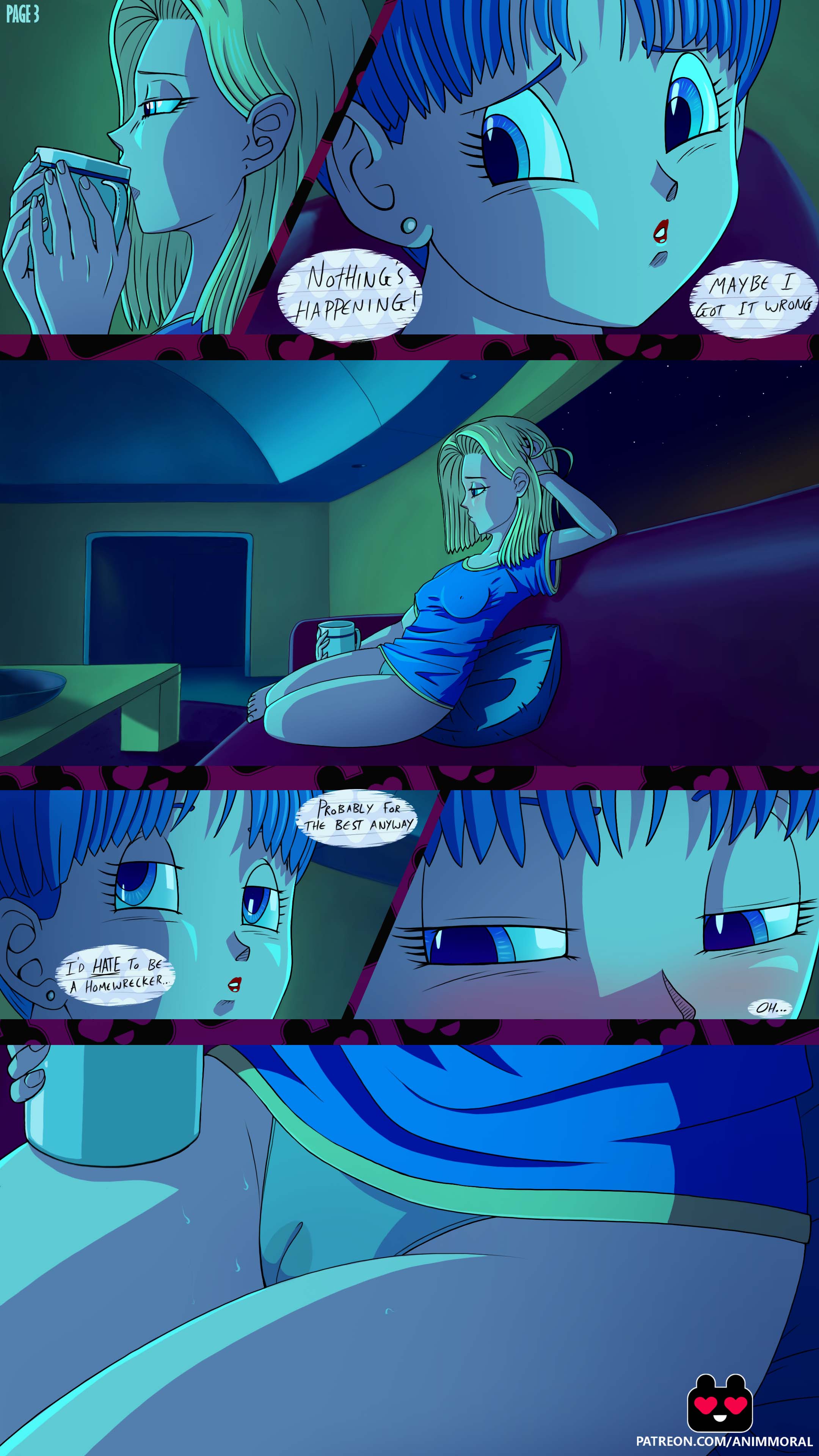 android 18, animmoral, blush, bottomless, bulma briefs, dragon ball, dragon ball super, female, female only, hot chocolate, panties, pussy, speech bubble, sweat, t-shirt, tagme, text, thighs, wet panties, wet pussy