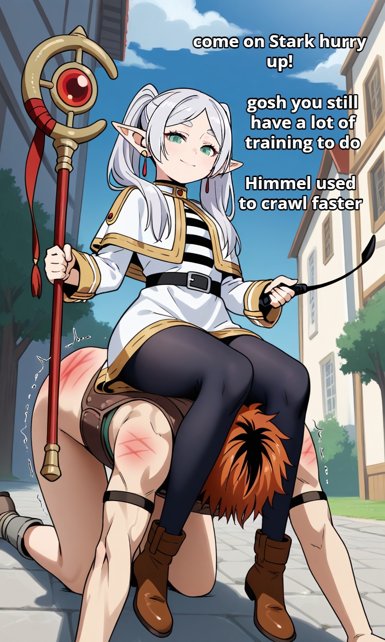 ai_assisted ai_generated brown_hair dehumanization femdom frieren green_eyes human_chair human_pony ponyplay riding_crop saddle slave sousou_no_frieren stark_(sousou_no_frieren) whip_marks white_hair