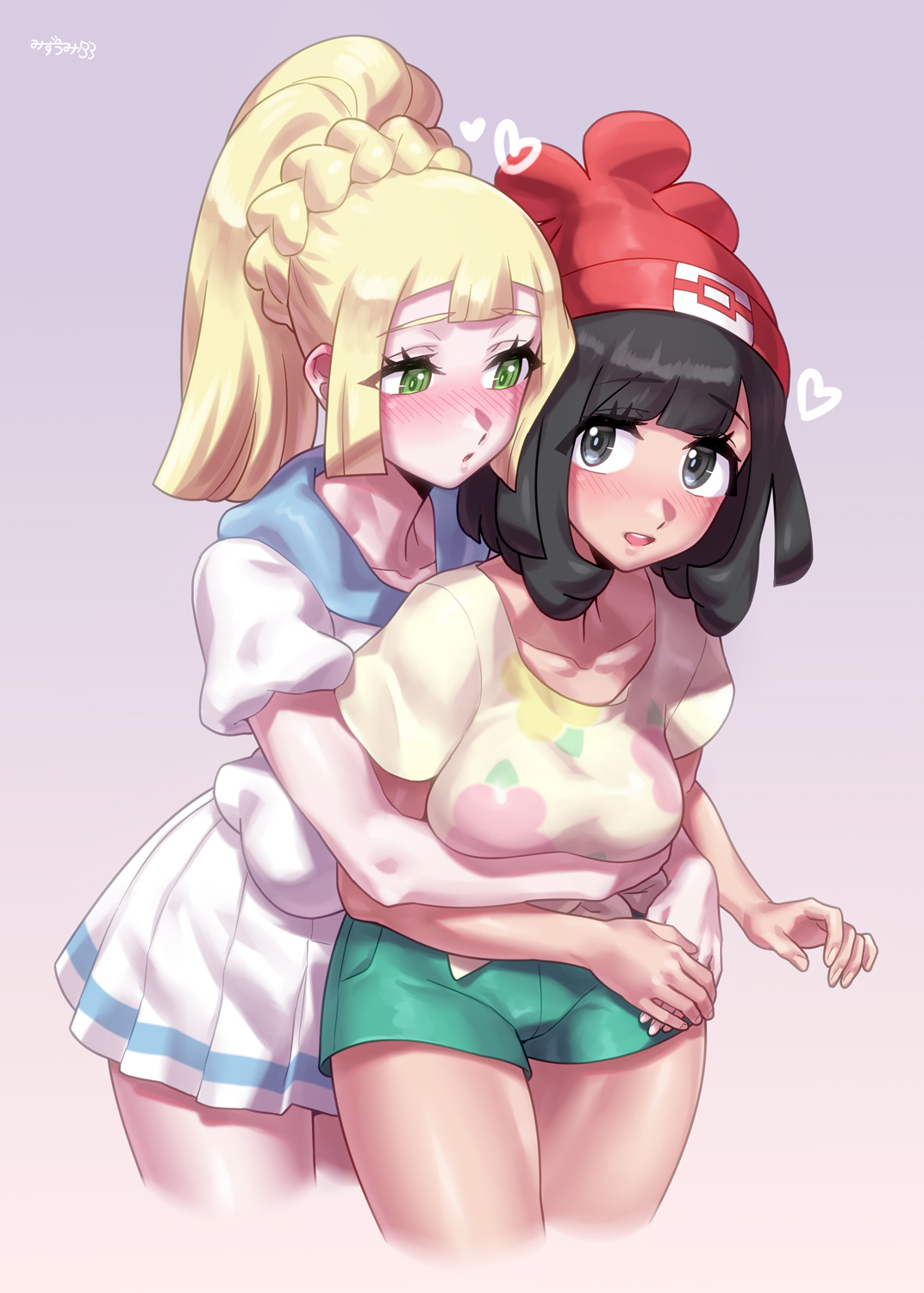2girls, beanie, big breasts, black eyes, black hair, blonde hair, blush, breasts, female, game freak, green eyes, lillie (pokemon), mizuumi (bb), nintendo, open mouth, pokemon, pokemon sm, ponytail, red beanie, selene (pokemon), shorts, skirt, white skirt, yuri