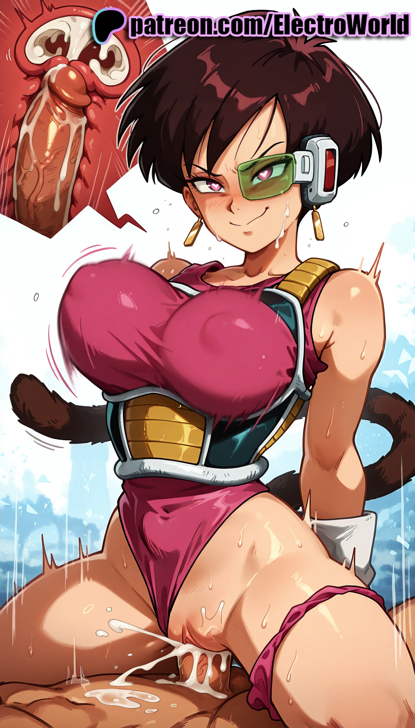 1boy, 1girls, 2025, ai generated, artist name, breasts, brown hair, bust, cat tail, cervix, chest, clothed sex, clothing aside, cock, covered nipples, cowgirl position, cross section, cum, cum in pussy, cum on body, deep penetration, dick, dragon ball, dragon ball z, earrings, ejaculation, electroworld, excessive cum, female, fucking, heart, heart-shaped pupils, hi res, high quality, high resolution, highres, intercourse, internal cumshot, jewelry, legs apart, legs spread, love making, male, monkey tail, open legs, overflow, panties, patreon, patreon username, penetration, penis, pink panties, pussy, reverse cowgirl position, seripa, sex, sex from behind, sexual intercourse, smile, solo focus, sperm cell, splayed legs, spread legs, stable diffusion, straddling, straight, sweat, tail, uncensored, underwear, uterus, vaginal penetration, watermark, x-ray