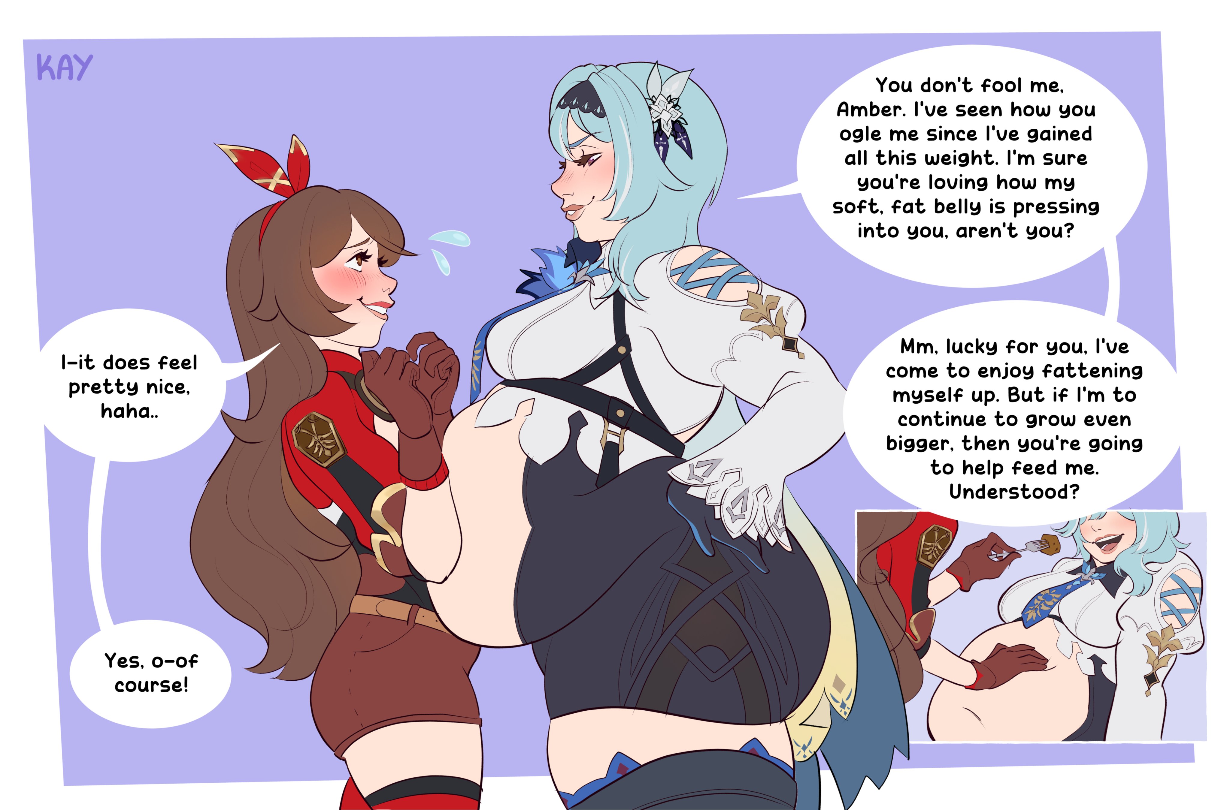 2girls, amber (genshin impact), bbw, consensual, dialogue, enjoying, enjoying weight gain, eula (genshin impact), exposed fat belly, fat, fat female, fat woman, feeder, feederism, female, female feeder, female only, female/female, genshin impact, huge belly, kay inthedark, mondstadt girls, mutual weight gain, overweight, overweight female, text, weight gain, weight gain female, weight gain sequence, yuri