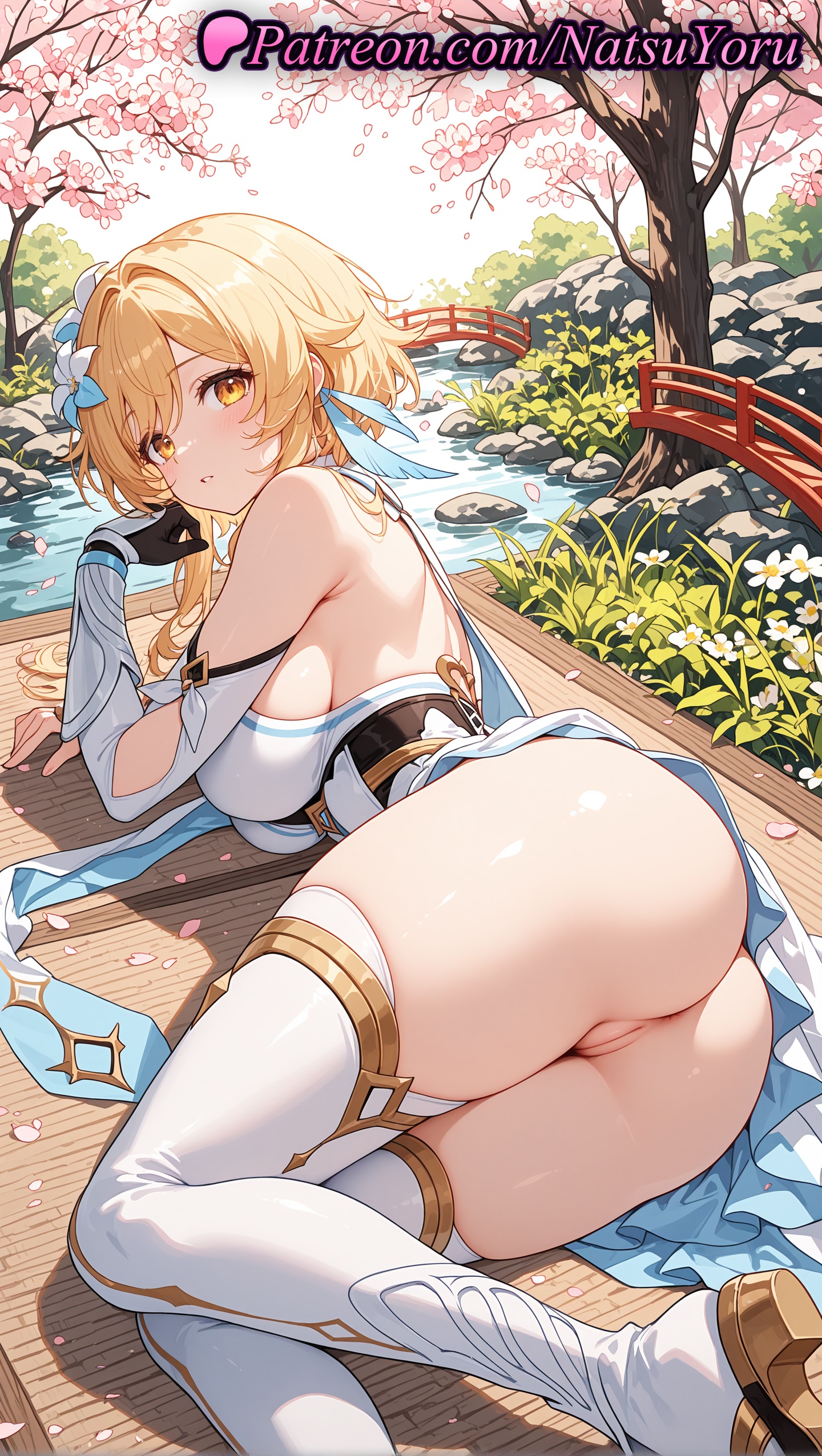 1girls, 2025, ai assisted, ai generated, anime, anime style, asian, ass, ass focus, bare shoulders, big ass, big breasts, blonde hair, blush, boots, breasts, dress, female, female only, flower, genshin impact, gloves, hair flower, hair ornament, hi res, high quality, high resolution, highres, hoyoverse, large breasts, light skin, light-skinned female, looking at viewer, lumine, lumine (genshin impact), lumine (genshin impact) (cosplay), lying, mihoyo, mihoyo technology (shanghai) co. ltd., natsuyoru, no panties, non-asian, on side, oshiri, parted lips, partially fingerless gloves, patreon, pussy, solo, stable diffusion, thighhighs, thighs, vagina, voluptuous, voluptuous female, white dress, white thighhighs, yellow eyes