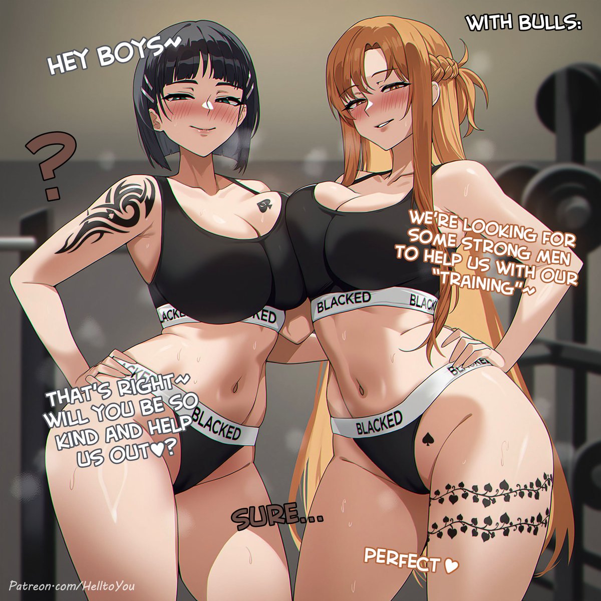 1girls 2girls ai_generated bare_arms bare_legs bare_shoulders bare_thighs black_hair blacked blacked_clothing blush breast_press color english_text female gym heart-shaped_pupils helltoyou hi_res kirigaya_suguha light-skinned_female light_skin long_hair male/female netorare ntr orange_hair queen_of_spades short_hair sword_art_online tattoos text thick_thighs yuri yuuki_asuna