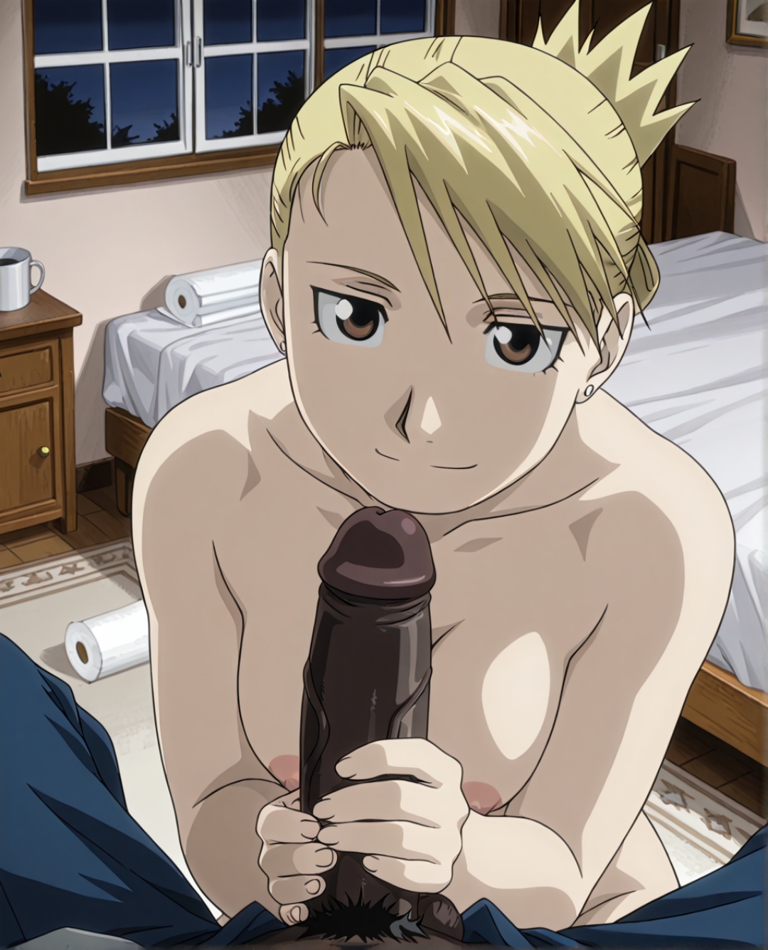 1boy, 1girls, 2d, ai generated, balls, bed, big penis, blonde hair, boy, breasts, brown eyes, dark skin, dark-skinned male, earrings, eye contact, female, fullmetal alchemist, fullmetal alchemist brotherhood, grabbing, grabbing penis, handjob, interracial, interracial sex, legs, male, naked, naked female, night, nipples, penis, pov, pubic hair, quietns, riza hawkeye, smile, smiling at viewer, straight, testicles, toilet paper, very dark skin, yellow hair