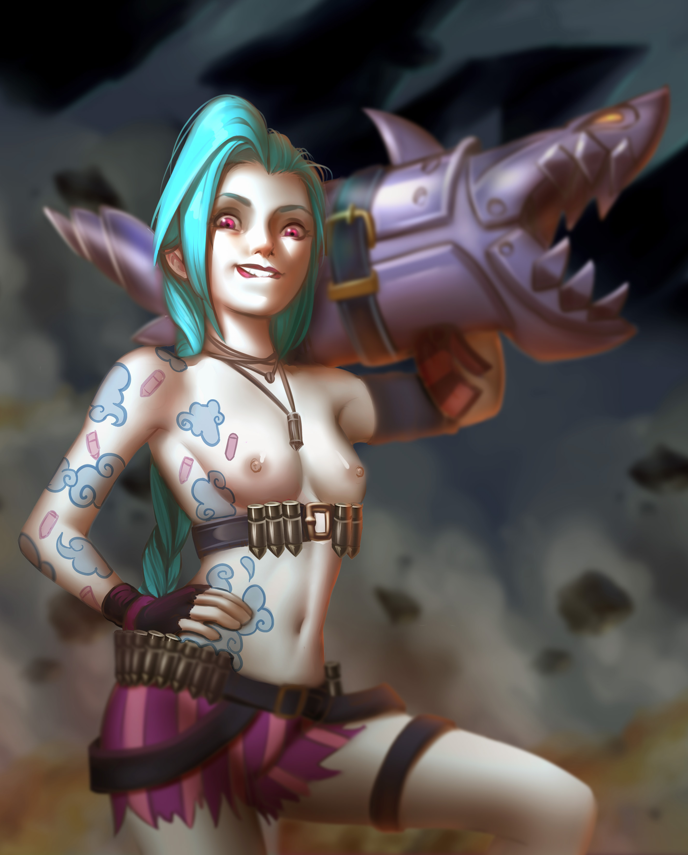 1girls, adapted costume, aqua hair, arm tattoo, asymmetrical legwear, bare arms, bare legs, bare shoulders, belly, belt, blue hair, blurry background, braid, breasts, bullet, clothes, clothing, costume, cowboy shot, curvaceous, denim, denim shorts, didi esmeralda, elbow gloves, eyelashes, eyeliner, eyeshadow, female, female only, fingerless gloves, functionally nude, gauntlets, gloves, gradient, gradient background, gun, handgun, high resolution, hips, holding, holding gun, holding object, holding weapon, human, jewelry, jinx (league of legends), league of legends, leg strap, legs, light skin, light-skinned female, lips, lipstick, long hair, looking at viewer, looking down, makeup, mascara, medium breasts, midriff, multicolored, multicolored clothes, navel, necklace, nipples, nude, pale skin, pale-skinned female, patreon reward, pink eyes, purple gloves, purple shorts, realistic, riot games, short shorts, shorts, single thighhigh, small breasts, solo, standing, stomach, strap, tattoo, thighhighs, thighs, tied hair, topless, twin braids, twintails, very high resolution, very long hair, video game, weapon, white skin