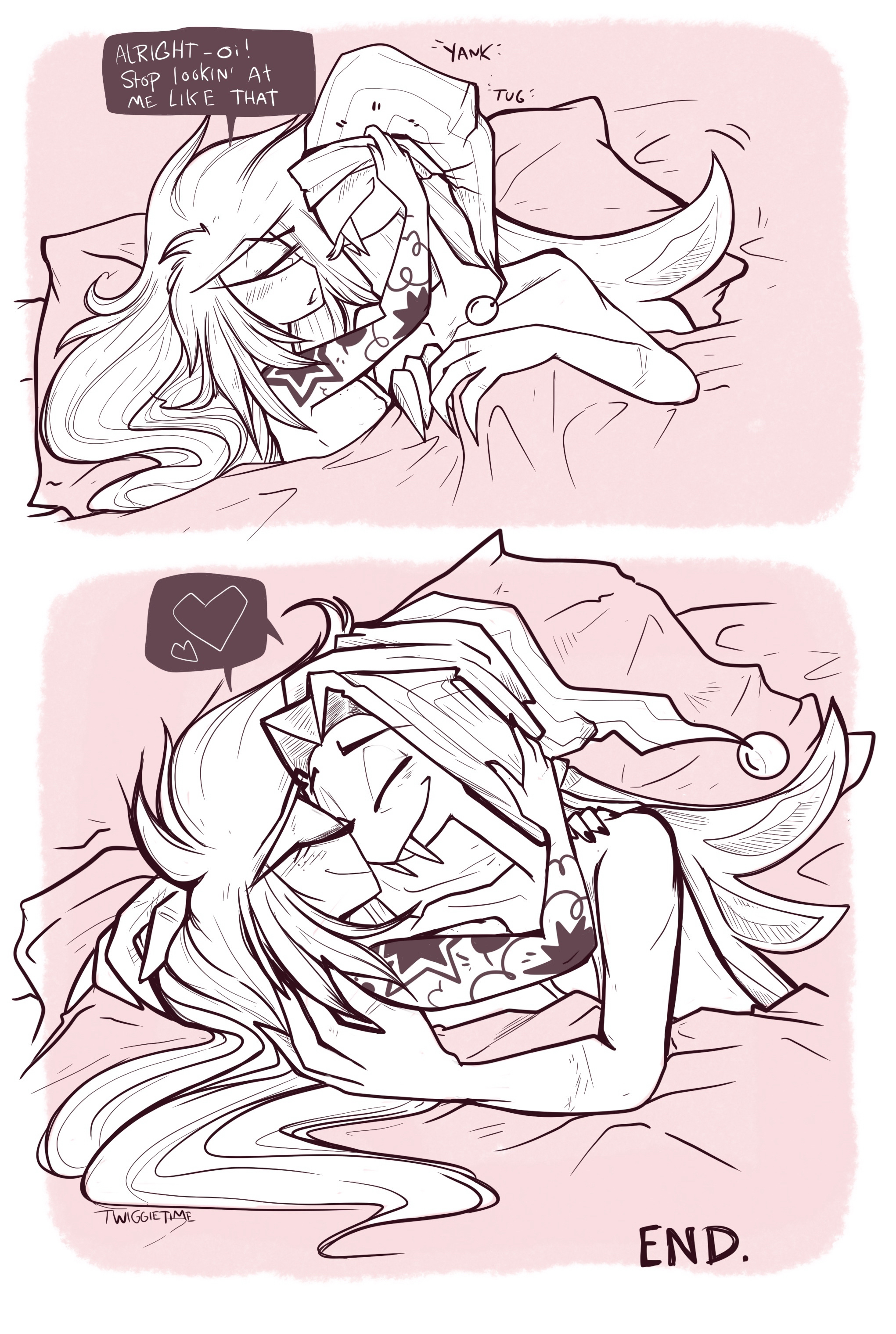 1boy, 1boy1girl, 1girls, 2025, 2d, bedding, blush, blush lines, breasts, cherri bomb, cherri bomb (hazbin hotel), cherrisnake, color, comic, cyclops, dialogue, embrace, english, english dialogue, english text, female, freckles, freckles on breasts, freckles on face, hat, hazbin hotel, heart, heart symbol, male, nipples, pillow, sheets, sir pentious, sir pentious (hazbin hotel), snake, text, text bubble, tongue, tongue out, twiggietime, vivienne medrano, watermark, wholesome