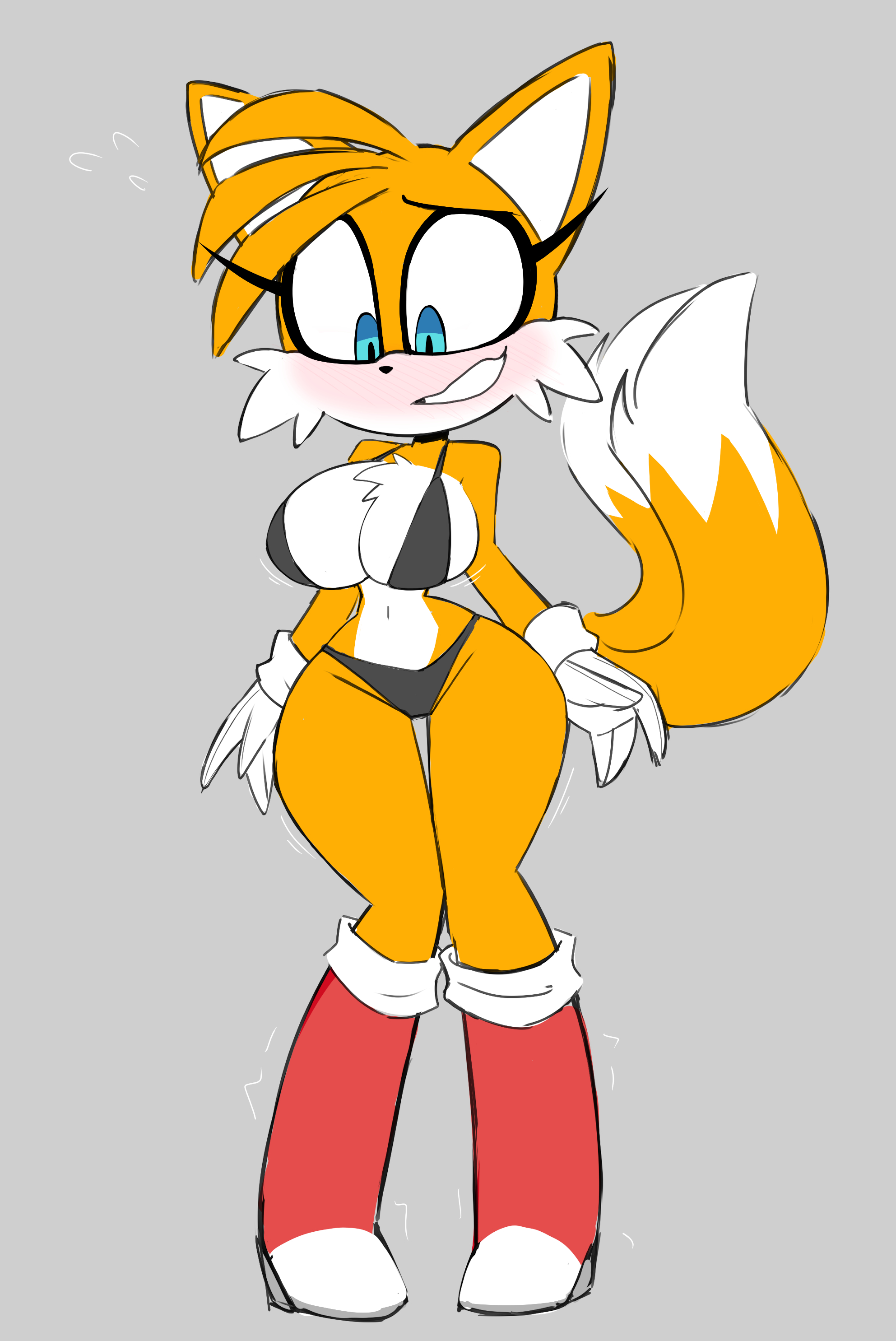 2 tails, absurd res, anthro, awkward smile, big breasts, bikini, blush, boots, bouncing breasts, breasts, canid, canine, cleavage, clothed, clothing, embarrassed, eyelashes, female, female only, footwear, fox, fox ears, fox girl, fox tail, genderswap, genderswap (mtf), gloves, handwear, hi res, huge breasts, mammal, miles prower, miles tails prower, mtf crossgender, mtf transformation, multi tail, nelljoestar, raised tail, rule 63, sega, shoes, solo, sonic (series), sonic the hedgehog (series), swimwear, tail, tails, tails the fox, tailsko, transformation, two-piece swimsuit, wide hips