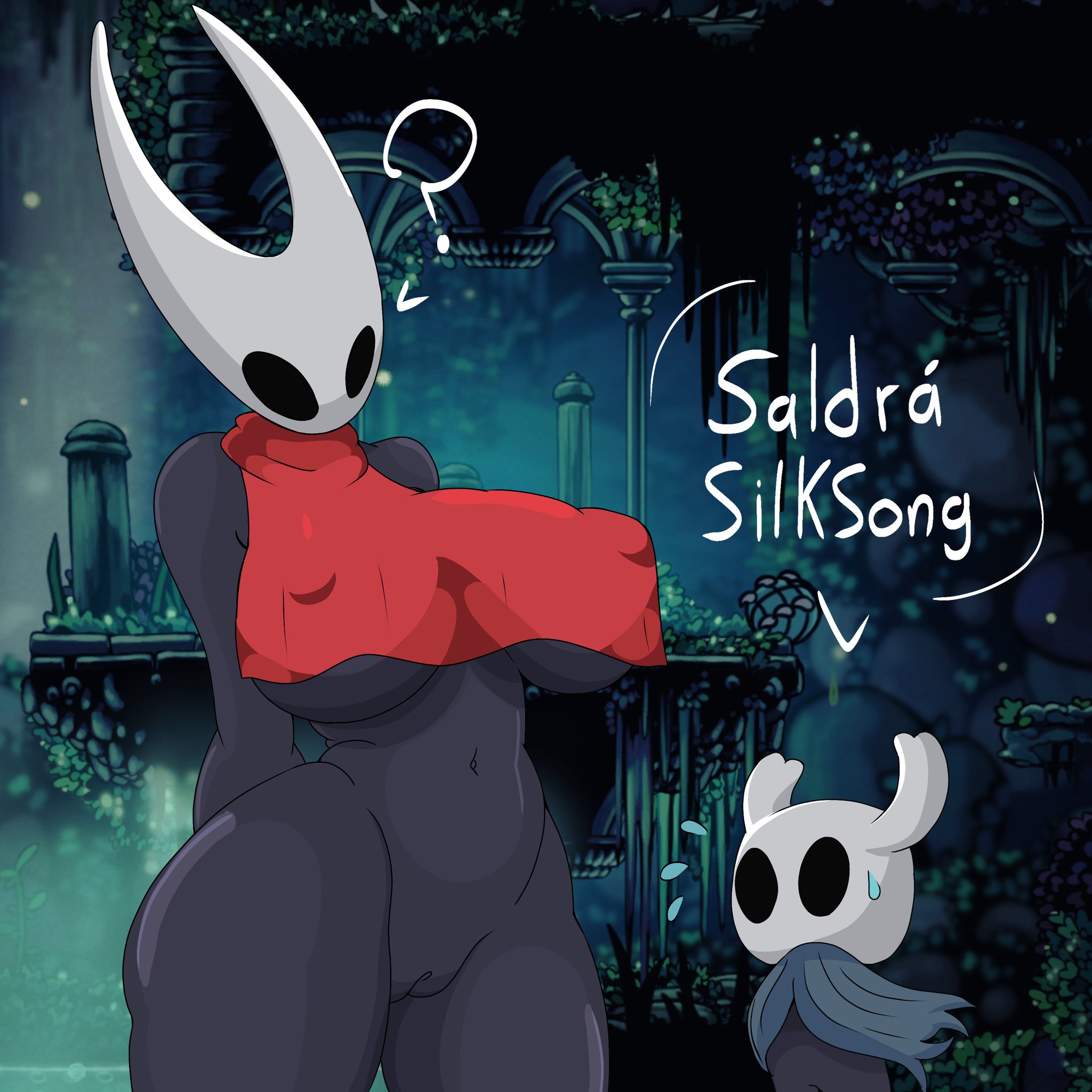 2 horns, 2025, ambiguous gender, arthropod, big breasts, biped, black body, black eyes, bodily fluids, breasts, cloak, clothing, dialogue, duo, english text, female, genitals, half sister (lore), hi res, hollow knight, horn, hornet (hollow knight), incest, looking at another, navel, nipple outline, outside, pussy, question mark, sibling (lore), sister (lore), speech bubble, standing, sweat, sweatdrop, tannicfer, team cherry, text, the knight (hollow knight), thick thighs, vagina, vessel (species), white text, wide hips