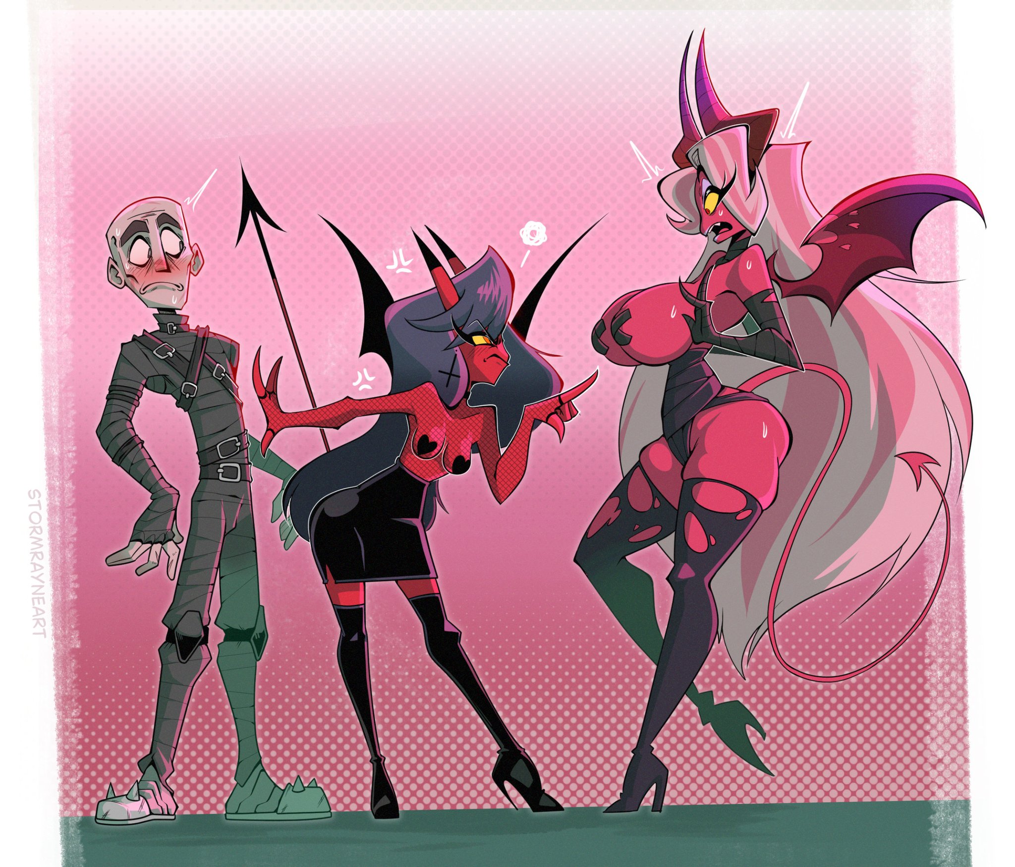 1boy, 2girls, bare arms, bare legs, bare shoulders, bare thighs, big breasts, bigdad, black hair, breasts, color, demon, demon girl, ember (bigdad), female, helluva boss, hi res, kiki (helluva boss), large breasts, light skin, light-skinned female, long hair, male, male/female, original, original character, pink hair, small breasts, stormrayneart, succubus, succubus horns, succubus tail, succubus wings, tagme, thick thighs