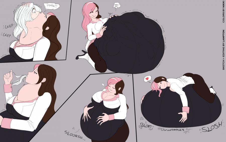 2020s, 2024, 2d, 2d (artwork), 2girls, belly, belly expansion, bloated belly, blue eyes, breast expansion, breast growth, breast growth (enlargement), breasts, brown eyes, brown hair, cheek bulge, color, colored, comic, comic panel, digestion, digestion sequence, digital art, digital media (artwork), english text, female, female focus, female only, full body, fully clothed, hand on stomach, heterochromia, hi res, highres, hugging belly, hyper stomach bulge, lampton, lying, lying on stomach, muffled, neck bulge, neo (rwby), onomatopoeia, oral vore, pink eyes, pink hair, prey in mouth, prey outline, prey shaped bulge, pushing, pushing down, rooster teeth, rwby, same size vore, sequence, side view, slurping, slurping hair, smirk, smug, smug face, speech bubble, stomach noises, swallowing, text, two-tone hair, unwilling prey, vore, vore belly, vore sequence, white hair, winter schnee, worried, worried expression