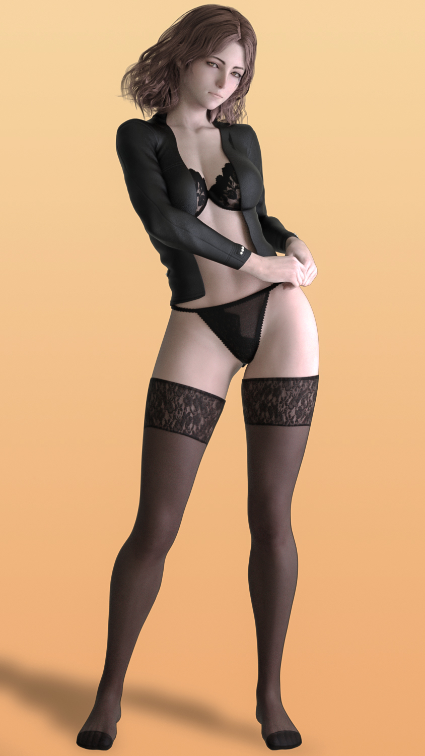 1girls, 3d, 3d (artwork), 3d model, 3d render, amber eyes, black bra, black lingerie, black panties, brown hair, cleavage, elden ring, female, fit female, fromsoftware, hephaestussd, high resolution, highres, hourglass figure, jacket, lace-trimmed bra, lingerie, marking below eyes, melina (elden ring), pinup, posing, short hair, shoulder length hair, simple background, stockings, thighhighs, tugging, underwear, yellow background