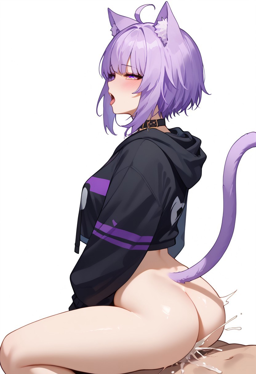 1boy, 1girls, ai generated, arched back, ass, big ass, blush, bottomless, cat girl, catgirl, choker, cowgirl position, cum, cum inside, female, hexd, hololive, hololive gamers, hololive japan, male, moaning, nekomata okayu, open mouth, purple eyes, purple hair, reverse cowgirl position, sex, short hair, virtual youtuber
