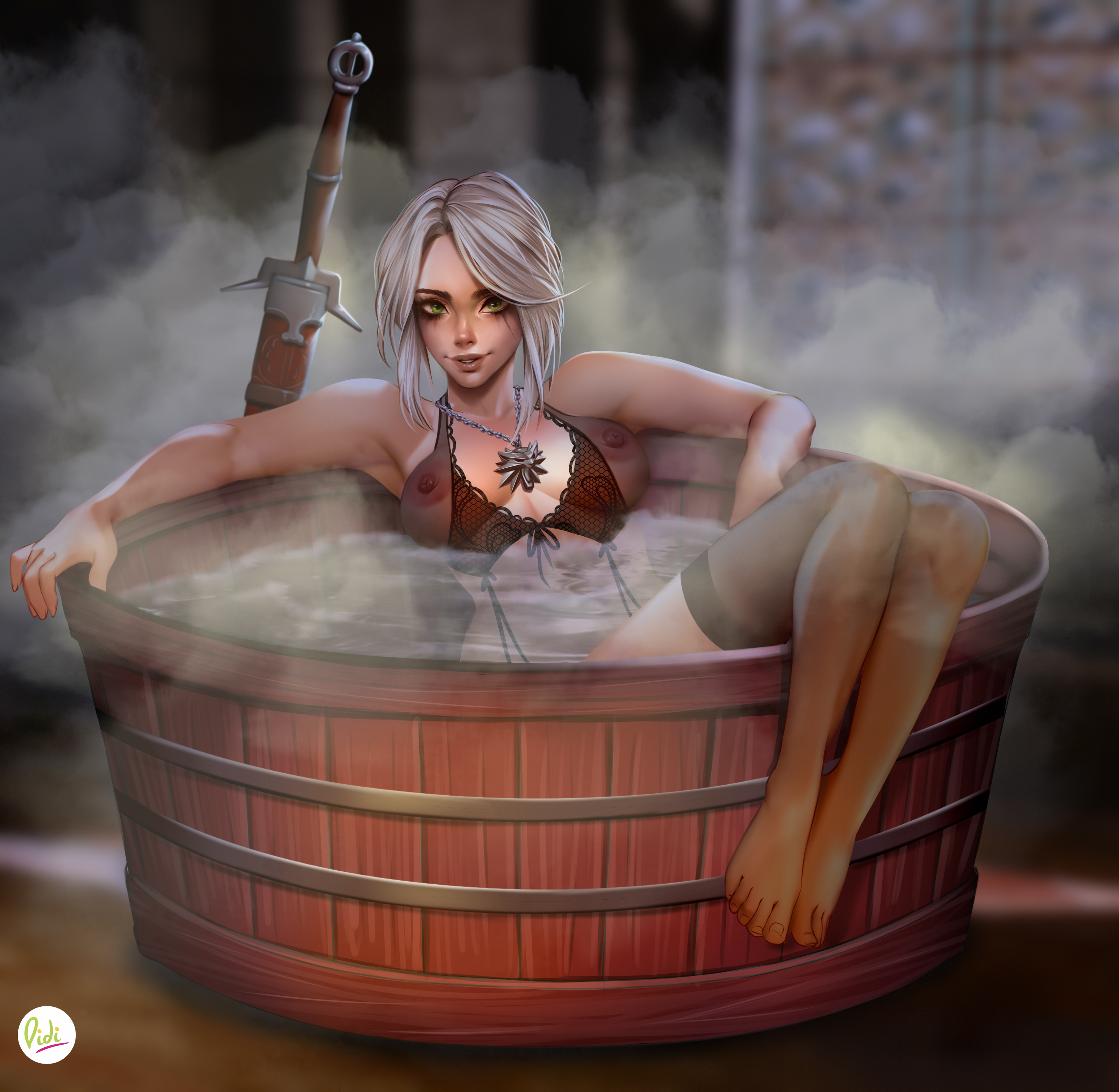 absurdres, alternate costume, armpits, artist name, bare arms, barefoot, bath, bathing, black bra, black legwear, black thighhighs, black underwear, blurry background, bra, breasts, cd projekt red, ciri, cleavage, clothes, clothing, costume, curvy, didi esmeralda, eyelashes, eyeliner, eyeshadow, facepaint, facial mark, feet, female, female only, full body, functionally nude, garter straps, gradient, gradient background, green eyes, hair bun, highres, human, indoors, jewelry, large breasts, legwear, lingerie, lipstick, looking at viewer, makeup, mascara, midriff, navel, necklace, nipple bulge, nipples, nude, panties, realistic, runny makeup, see-through, silver hair, sitting, smile, smoke, soles, solo, steam, stomach, strap, sword, the witcher (series), the witcher 3: wild hunt, thighhighs, toes, underwear, weapon, wet clothes, white hair