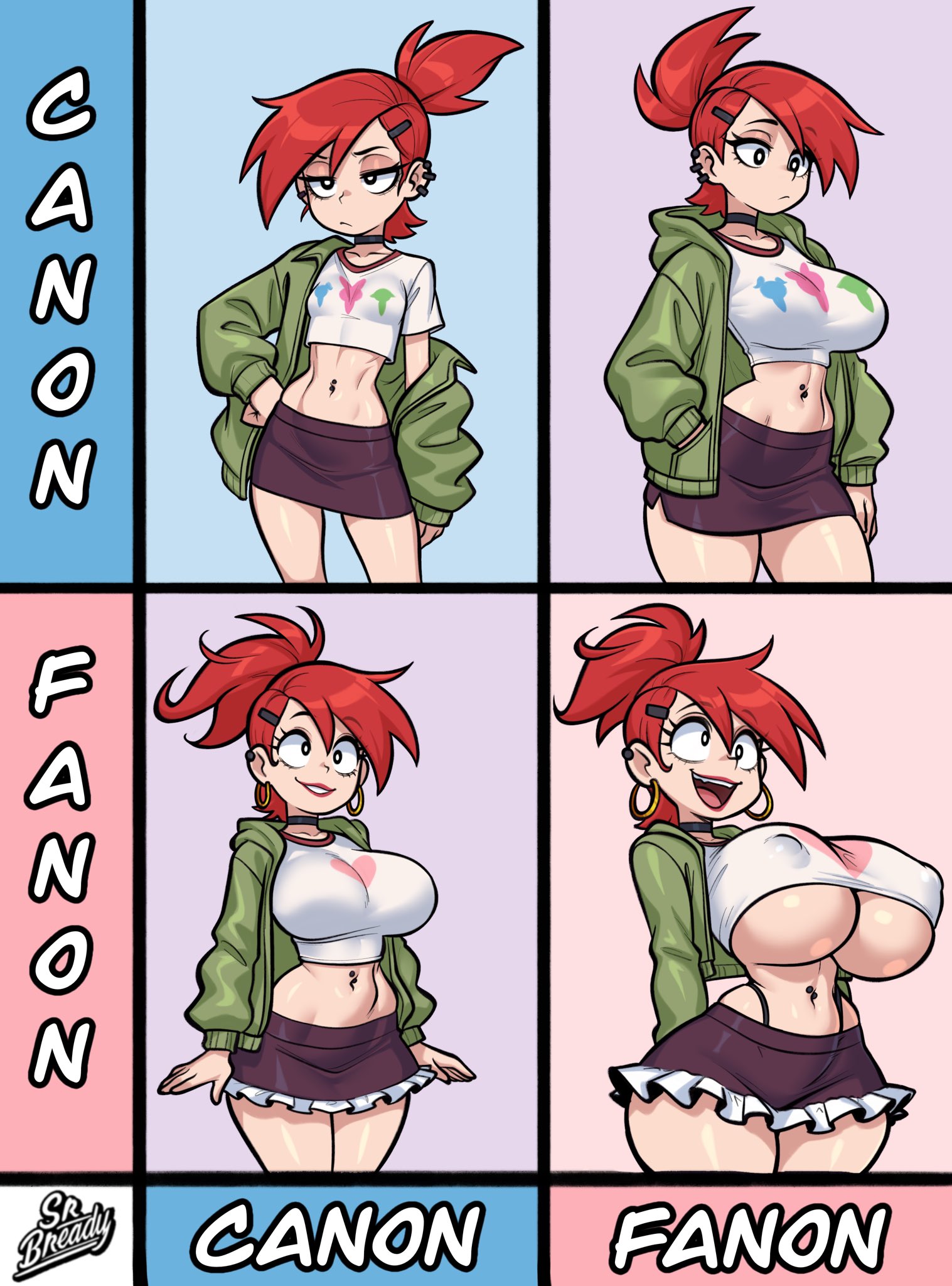 2025, 2girls, artist name, ass, big ass, big breasts, bimbo, bimbo body, bimbo lips, breasts, breasts bigger than head, canon vs fanon, cartoon network, chart, choker, clothed, clothed female, clothing, comparing, crop top, duo, duo female, duo focus, ear piercing, earrings, english, english text, female, female focus, female only, foster's home for imaginary friends, frankie foster, fully clothed, fully clothed female, hairclip, hooded jacket, hoop earrings, huge breasts, imaginary frankie, light skin, light-skinned female, medium ass, medium breasts, medium thighs, navel, navel piercing, nipple bulge, nipples, panties, panties visible through clothing, pierced belly button, pierced ears, piercing, piercings, red hair, red-haired female, redhead female, skirt, srbready, text, thick thighs, thighs, warner bros, warner brothers