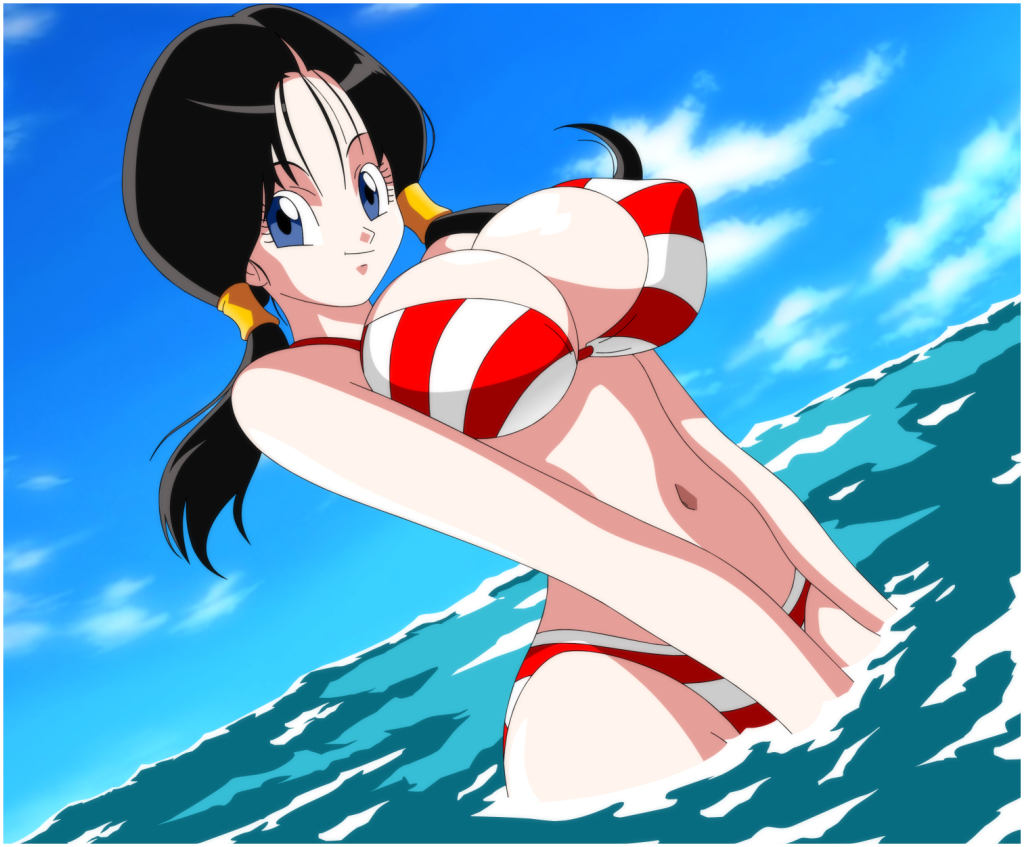 bikini black_hair blue_eyes bra breasts claudius clothed clouds dragon_ball dragon_ball_z female female_only huge_breasts human large_breasts looking_at_viewer navel nipple_bulge ocean outdoors partially_submerged smile solo standing striped_bikini twintails videl water