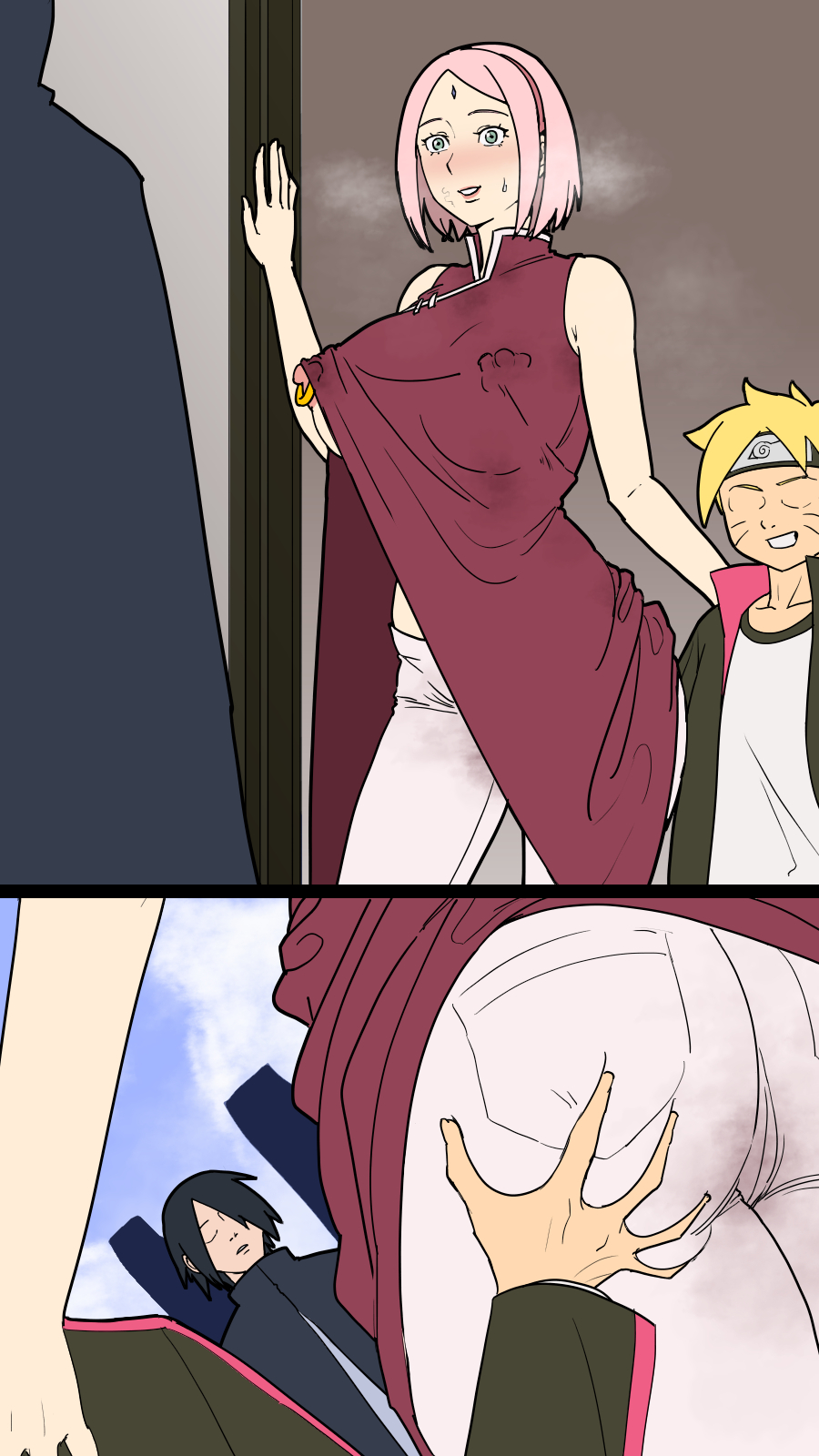 1girls, 2boys, 2d, after sex, ass, ass focus, back, back view, bare arms, bare shoulders, big ass, big breasts, big butt, black hair, blonde hair, blush, boruto: naruto next generations, breasts, buttplug, buttplug insertion, cape, cheating, cheating wife, color, completely nude, cucked by student, cuckold, dialogue, doorway, dress, earrings, eyeless, eyeless female, eyeless male, female, footwear, full color, green eyes, height difference, hi res, husband and wife, implied cheating, implied netorare, implied sex, jacket, large breasts, larger male, light skin, light-skinned female, looking pleasured, male, male/female, mature female, milf, mother and daughters boyfriend, mother and son's friend, muscles, n92go, naruto, naruto (series), negligee, netorare, nipple piercing, nipple rings, no bra, no penetration, ntr, nude, one breast out, pants, piercing, pink hair, pleasure face, public indecency, sakura haruno, sasuke uchiha, see-through, see-through clothing, sex toy, sex toy in ass, short hair, small dom big sub, smaller male, stealth, stealth ass grab, stealth sex, teacher and student, text, thick thighs, uzumaki boruto, walk-in, welcoming, whisker markings