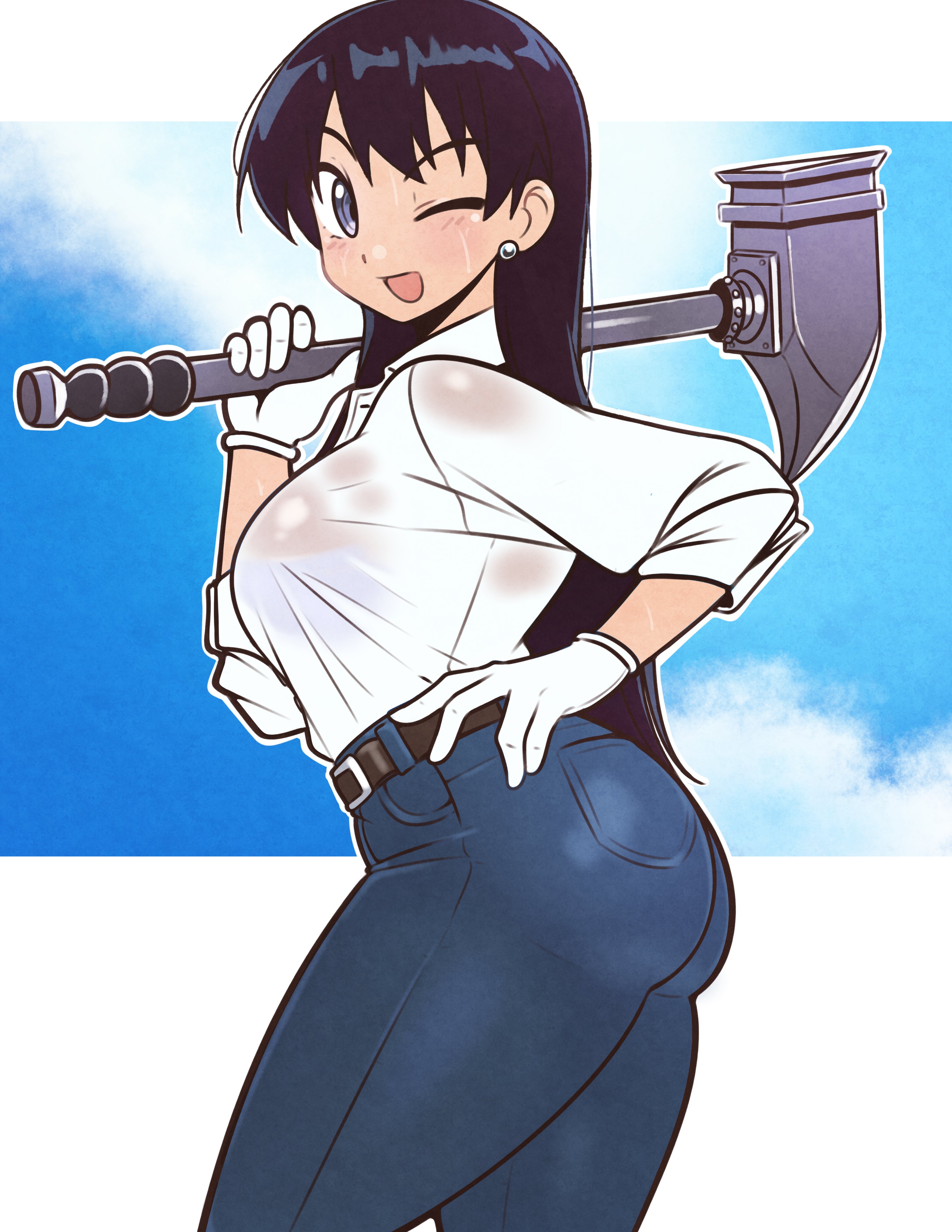 1girls, absurdres, arato nagi, ass, black hair, blue eyes, blue pants, breasts, collared shirt, denim, earrings, female, hammer, hand on own hip, hand up, highres, holding, holding hammer, jeans, jeff miga, jeffmiga, jewelry, large breasts, long hair, pants, ruri no houseki, shirt, sleeves rolled up, smile, solo, stud earrings, taut clothes, taut pants, white shirt, work gloves
