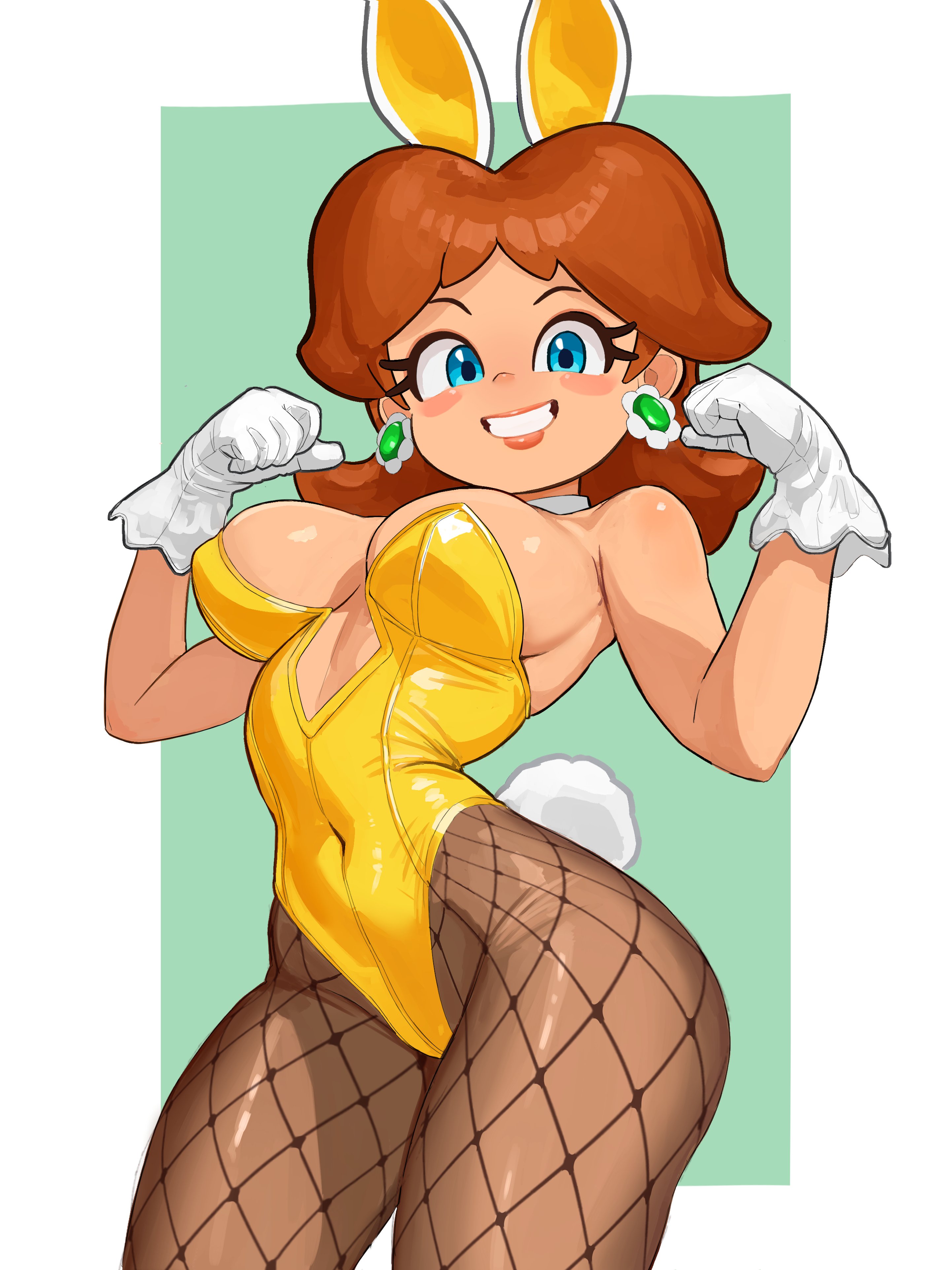 1girls, absurdres, animal ears, bare shoulders, blue eyes, blush, breasts, brown hair, brown pantyhose, bunny daisy, bunny ears, bunny tail, bunnysuit, commentary, covered navel, detached collar, earrings, fake animal ears, fake tail, female, fishnet pantyhose, fishnets, flipped hair, flower earrings, gloves, grin, highres, hourglass figure, hourglass figured female, jewelry, large breasts, leotard, long hair, looking at viewer, mario (series), mineru128127, navel, nintendo, open mouth, pantyhose, playboy bunny, princess daisy, smile, solo, strapless, strapless leotard, super mario land, super mario land 2, tail, teeth, white gloves, yellow leotard