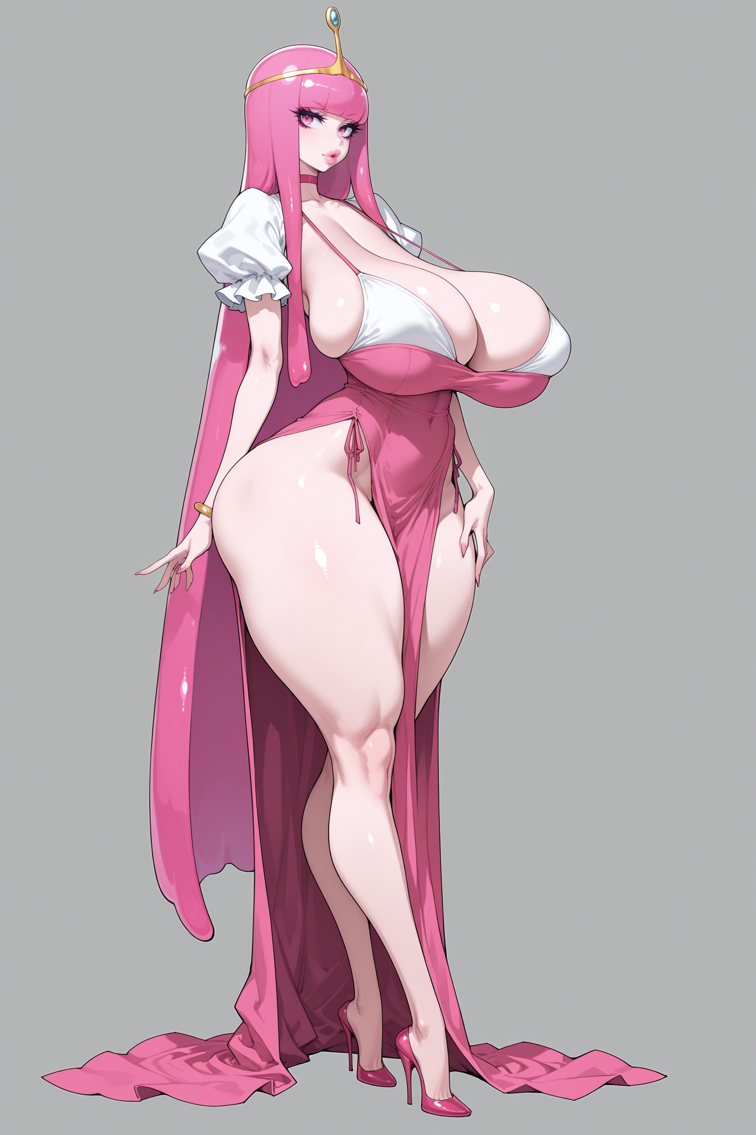 adventure time, ai generated, blunt bangs, bracelet, cartoon network, choker, cleavage, covered navel, curvy, dress, female, full body, grey background, high heels, huge breasts, jewelry, legs, long hair, looking at viewer, makeup, nibba, pink dress, pink eyes, pink footwear, pink hair, pink nails, princess bubblegum, puffy short sleeves, puffy sleeves, short sleeves, simple background, solo, standing, thick thighs, thighs, tiara, very long hair, wide hips