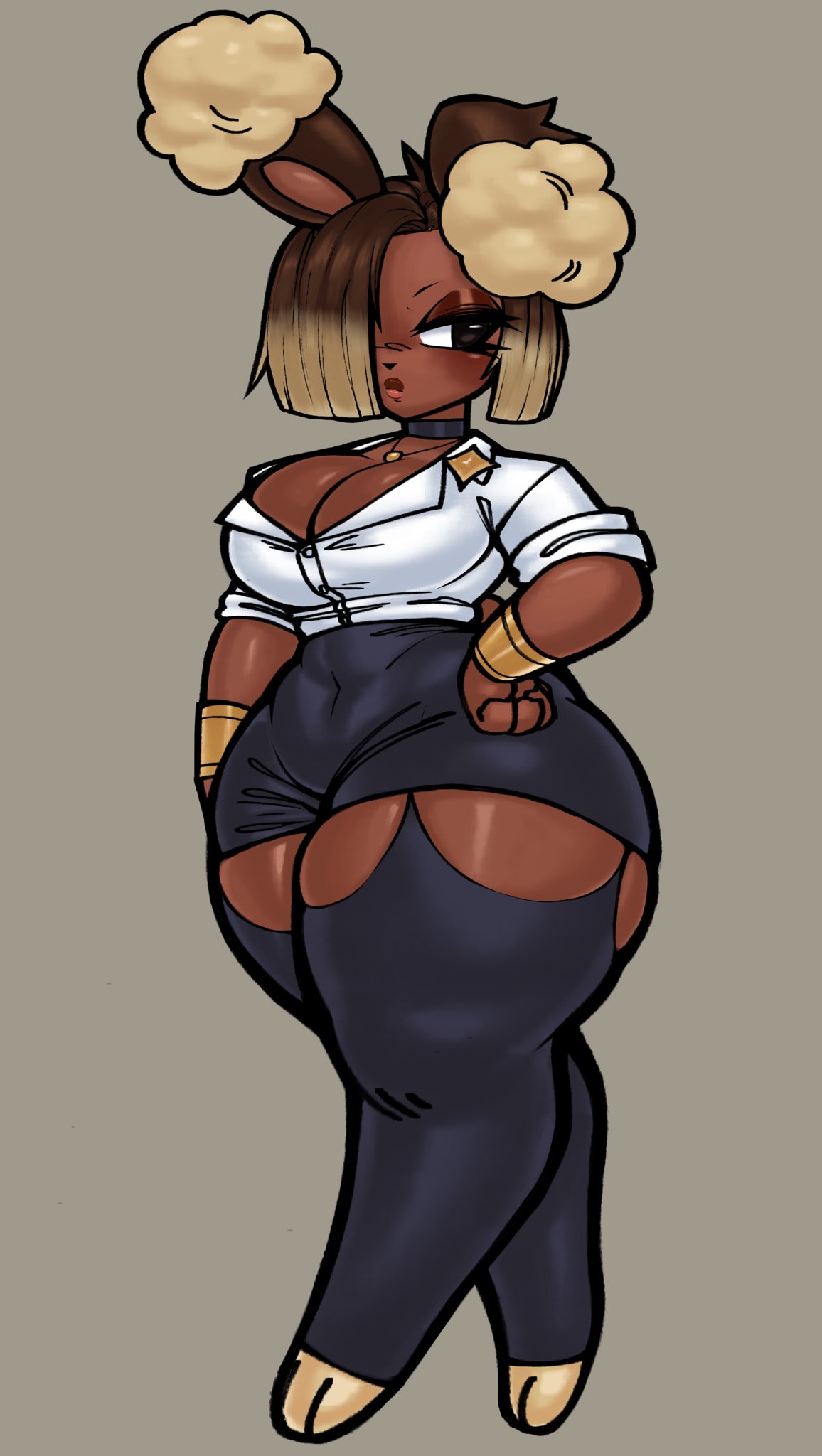 1girls, 2025, anthro, big breasts, big thighs, black eyes, black thighhighs, brandi b (darkscar), brown hair, buneary, choker, cleavage, commission, eyelashes, female, female only, full body, generation 4 pokemon, hair over one eye, hand on hip, hi res, large thighs, looking at viewer, medium hair, narrowed eyes, nintendo, office lady, pokemon, pokemon (species), simple background, sleeves rolled up, solls0ll, solo, thick thighs, thighhighs, two-tone hair, wide hips, yellow hair