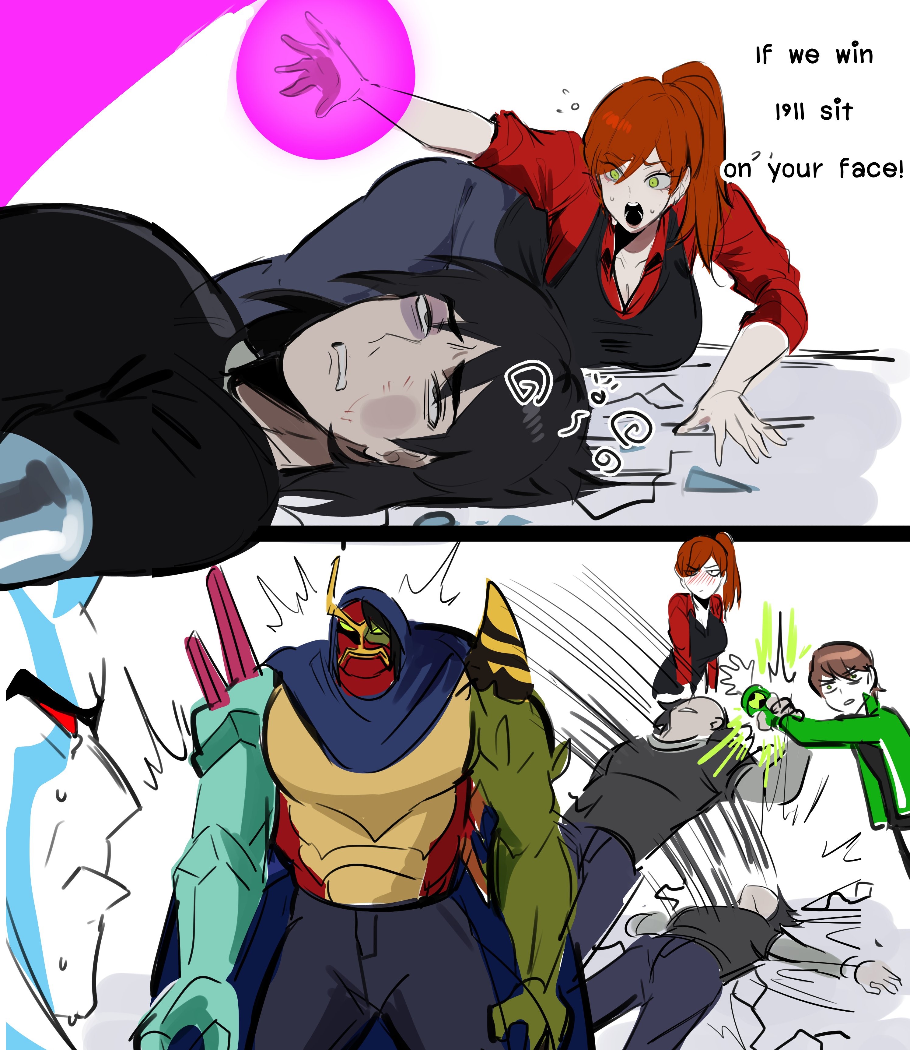 1girls, aggregor, ben 10, ben 10 ultimate alien, ben tennyson, ben tennyson (alien force), black hair, blush, boyfriend, boyfriend-girlfriend, brown hair, clothed, clothed female, clothed male, couple, couple (romantic), female, girlfriend, green eyes, gwen tennyson, gwen tennyson (ultimate alien), humor, if we win i'll sit on your face (meme), kevin levin, kurenaiz1, male, male focus, meme, multiple boys, omnitrix, orange hair, ponytail, red eyes, scene interpretation, scene reference, short hair, simple background, sweat, sweatdrop, the forge of creation, ultimate kevin, ultimatrix, white background