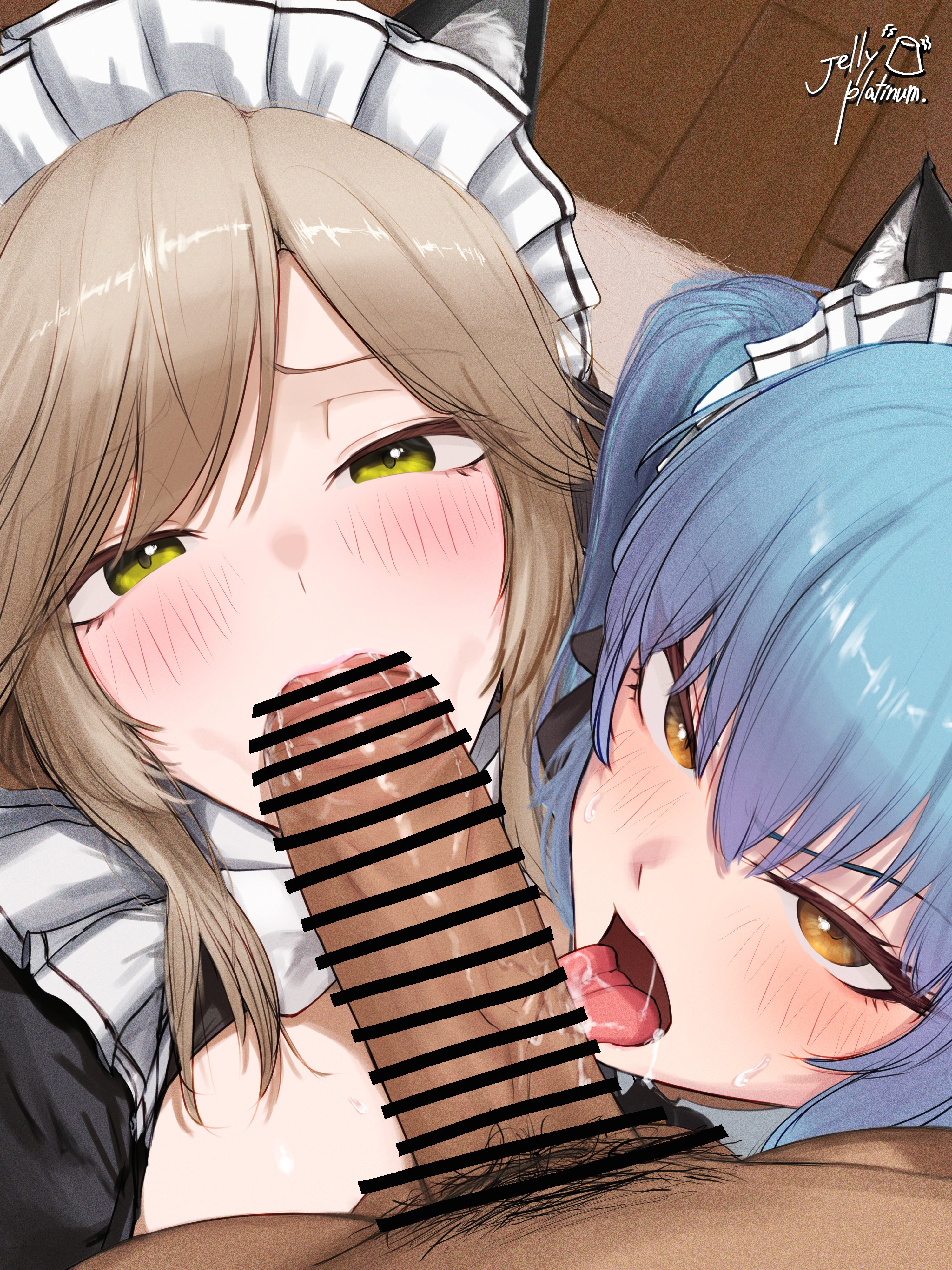 1boy, 2girls, absurd res, ade (nikke), aqua hair, artist name, black shirt, blush, brown hair, cat ears, censor bar, censored, clothed female nude male, cooperative fellatio, dark skin, dark-skinned male, fake animal ears, fellatio, ffm threesome, frills, goddess of victory: nikke, green eyes, jelly platinum, light skin, light-skinned female, long hair, looking at viewer, maid, maid for you (nikke), maid headdress, multiple girls, open clothes, open mouth, orange eyes, penis, privaty (nikke), privaty (unkind maid) (nikke), pubic hair, saliva, sidelocks, tongue, tongue out, twintails, veiny penis, watermark
